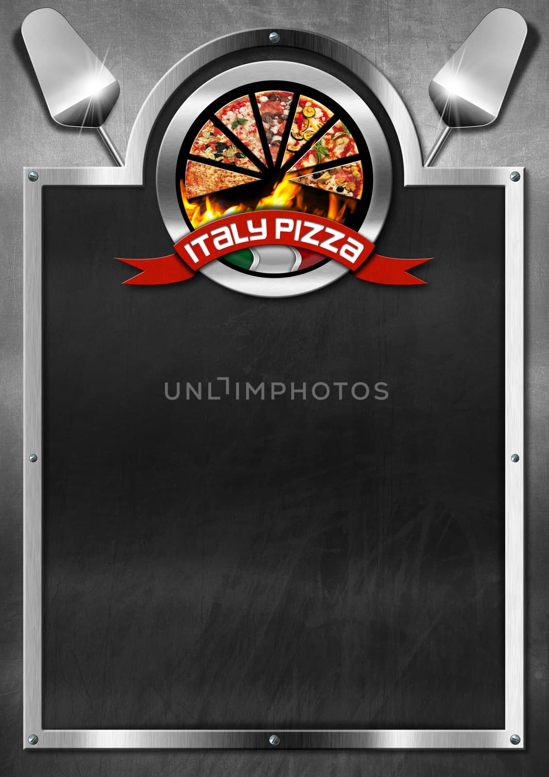 Blackboard with metal frame, symbol with pizza slices, Italian flag and red ribbon with text Italy pizza. Template for a italian pizza menu 