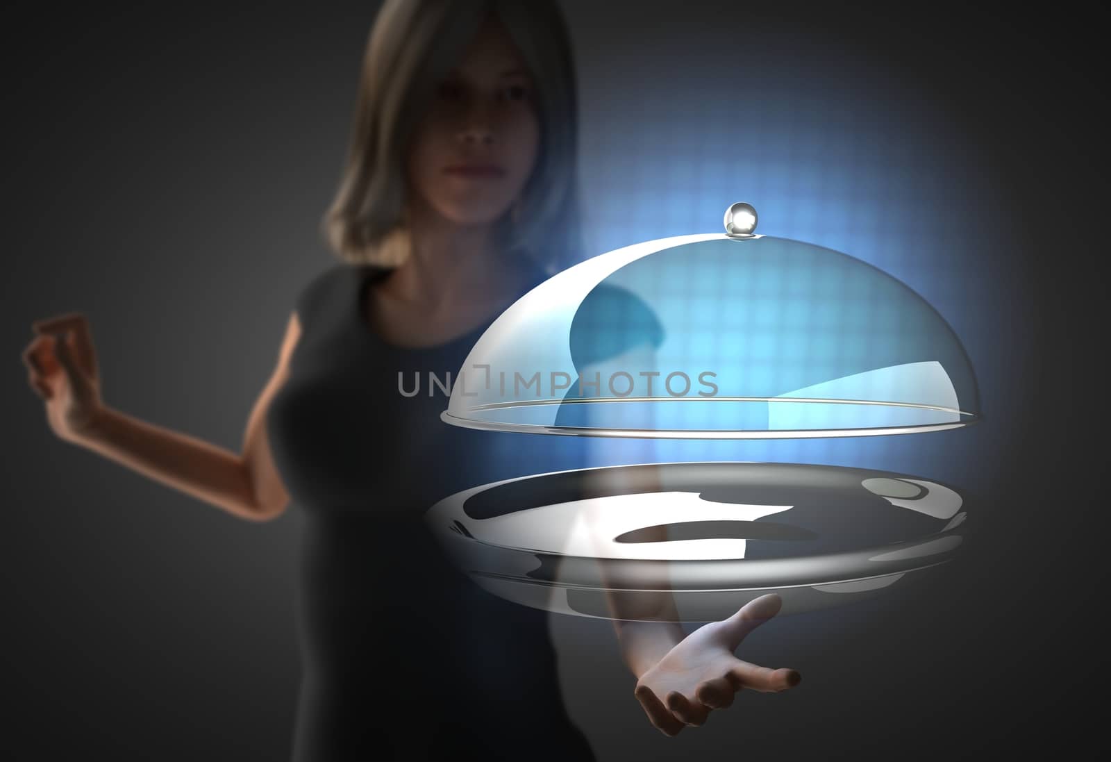 woman and futusistic hologram on hand