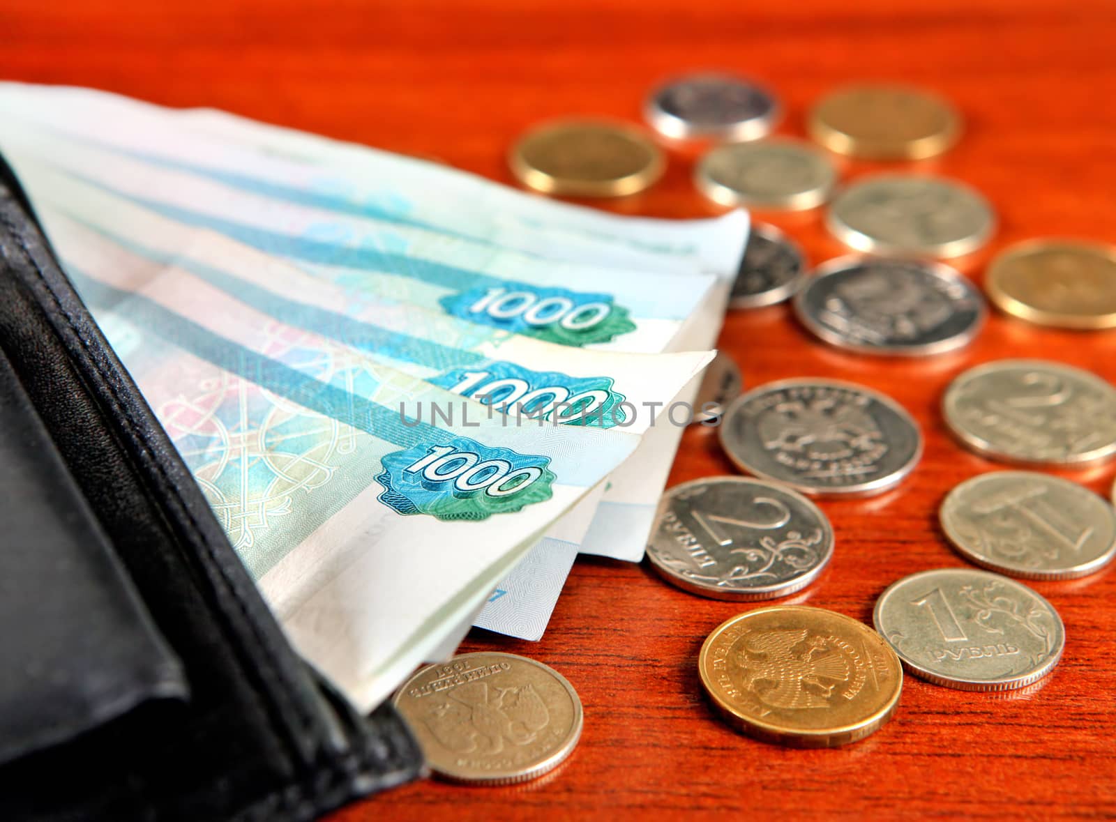 Russian Currency in the Wallet on the Table closeup