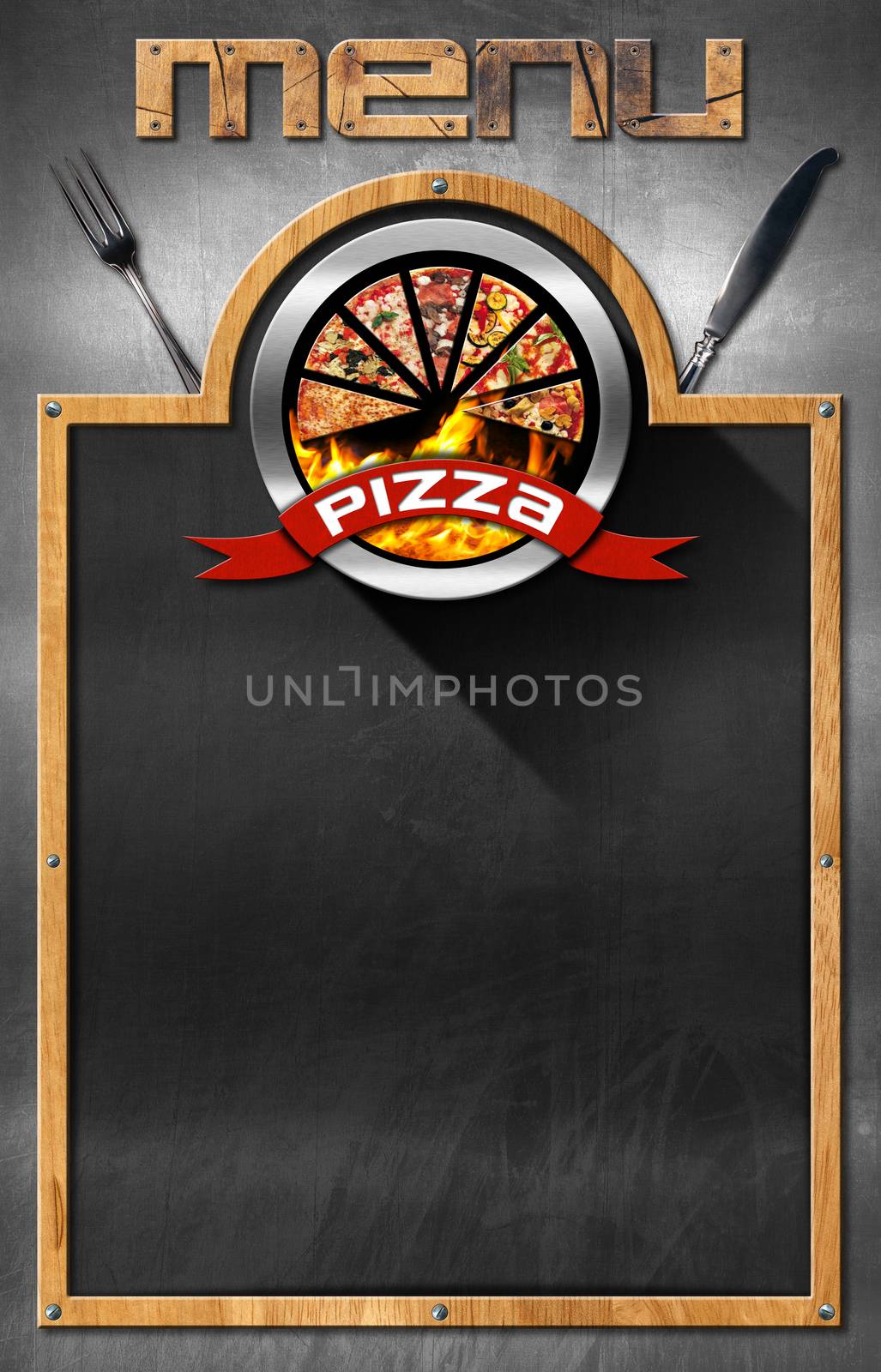 Empty blackboard with wooden frame, symbol with pizza slices and red ribbon with text pizza. Template for a pizza menu 