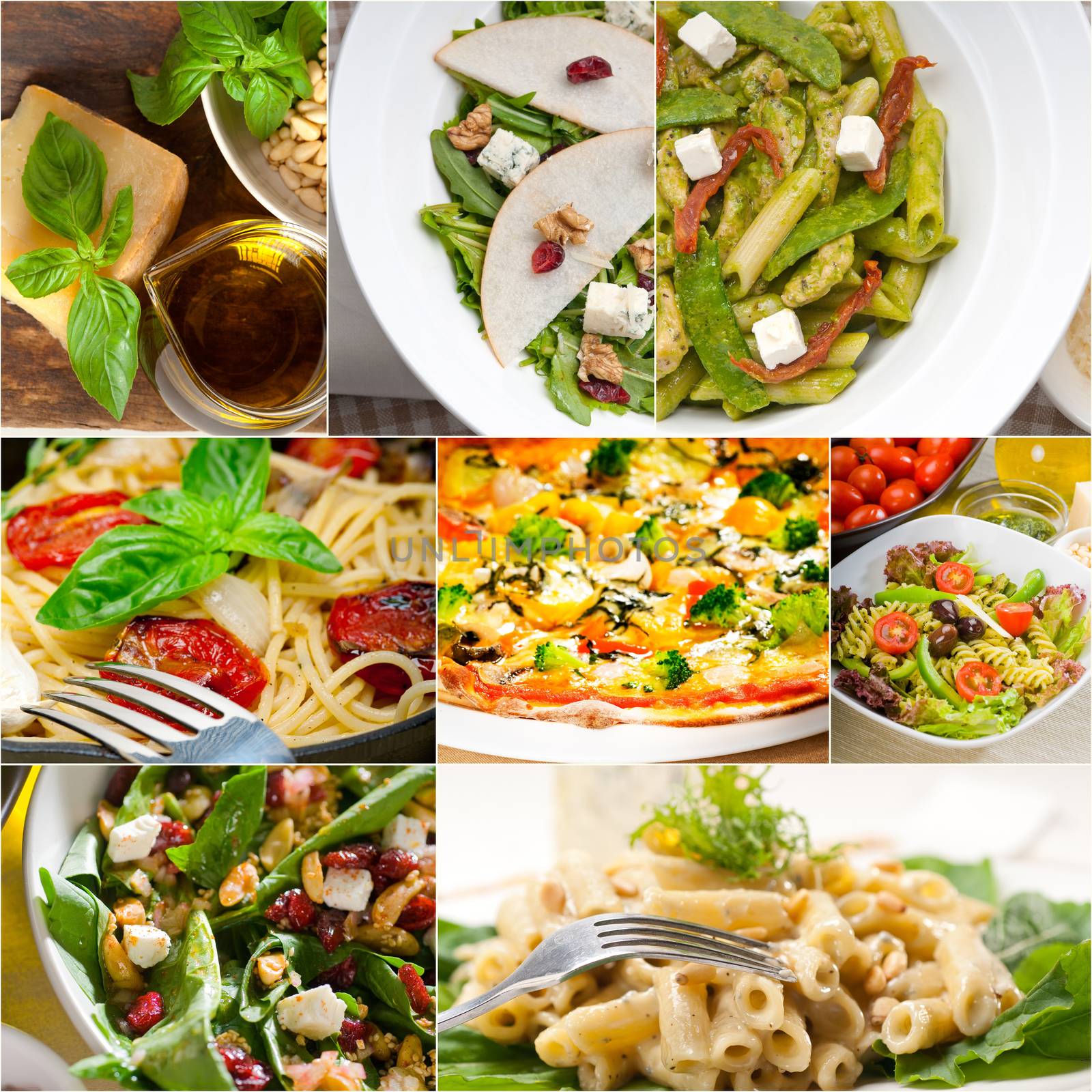 healthy vegetarian pasta soup salad pizza Italian food staples collage