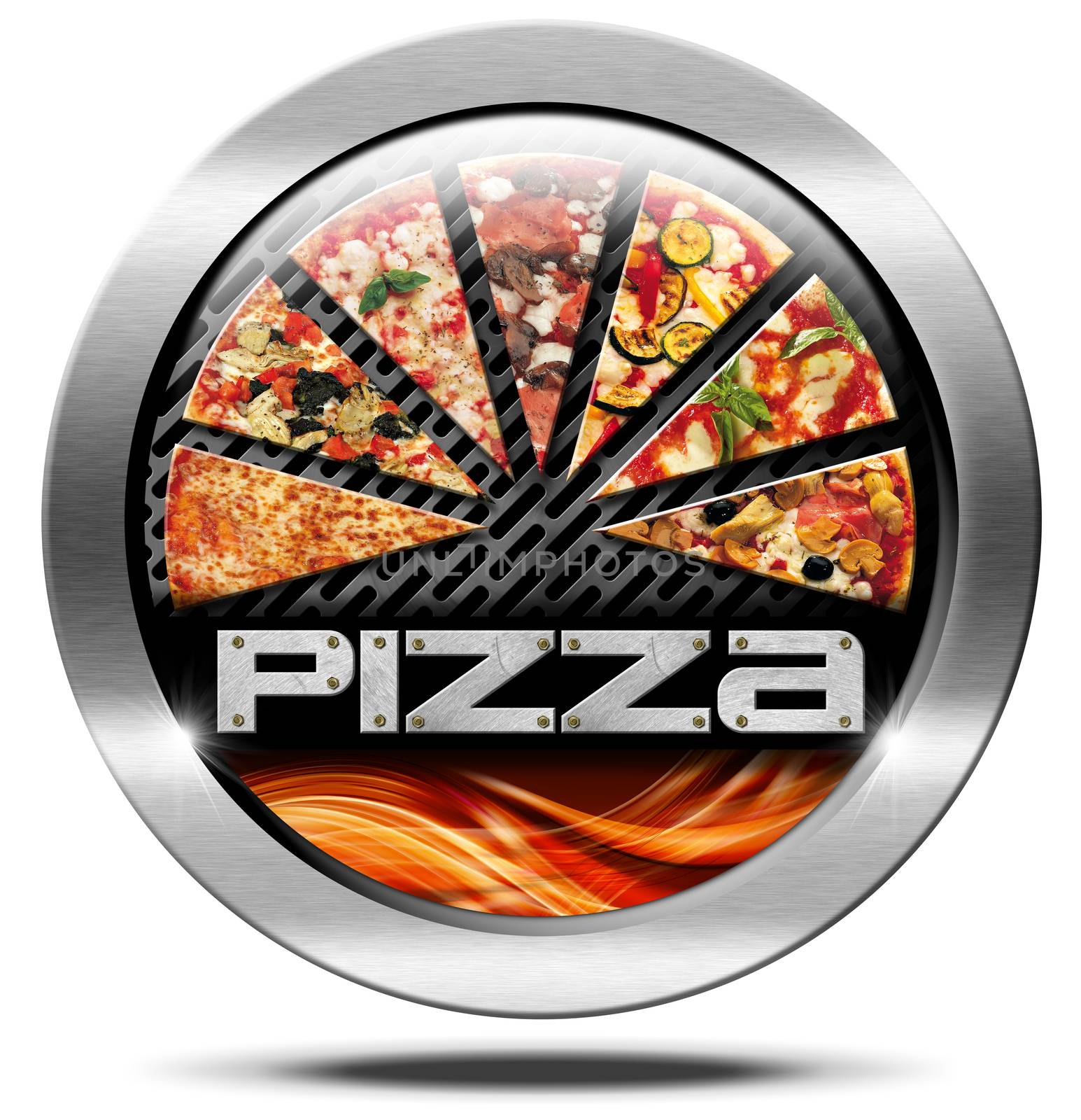 Metal round icon or symbol with pizza slices, flames and text pizza. Isolated on white background