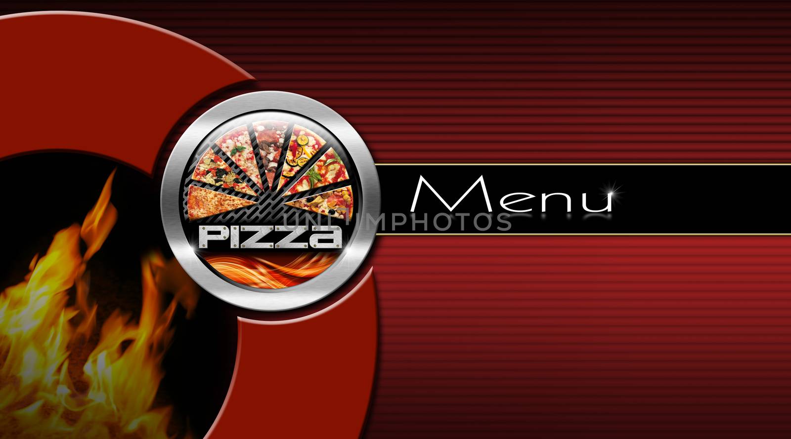 Pizza menu design with metallic round pizza symbol and flames on a black and red corrugated background with horizontal black band
