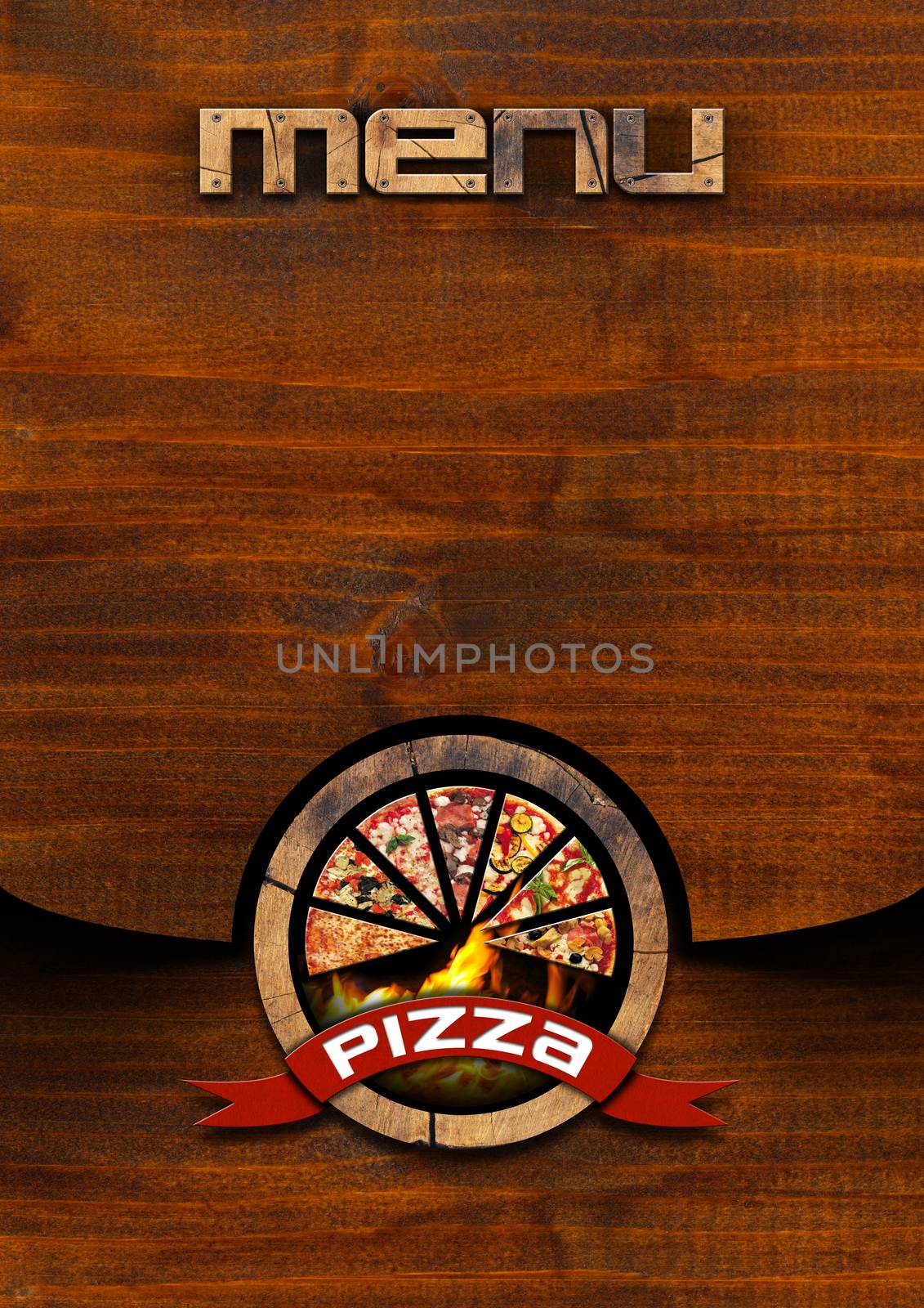 Wooden dark brown background with wooden symbol of pizza and wooden text pizza. Template for a rustic pizza menu