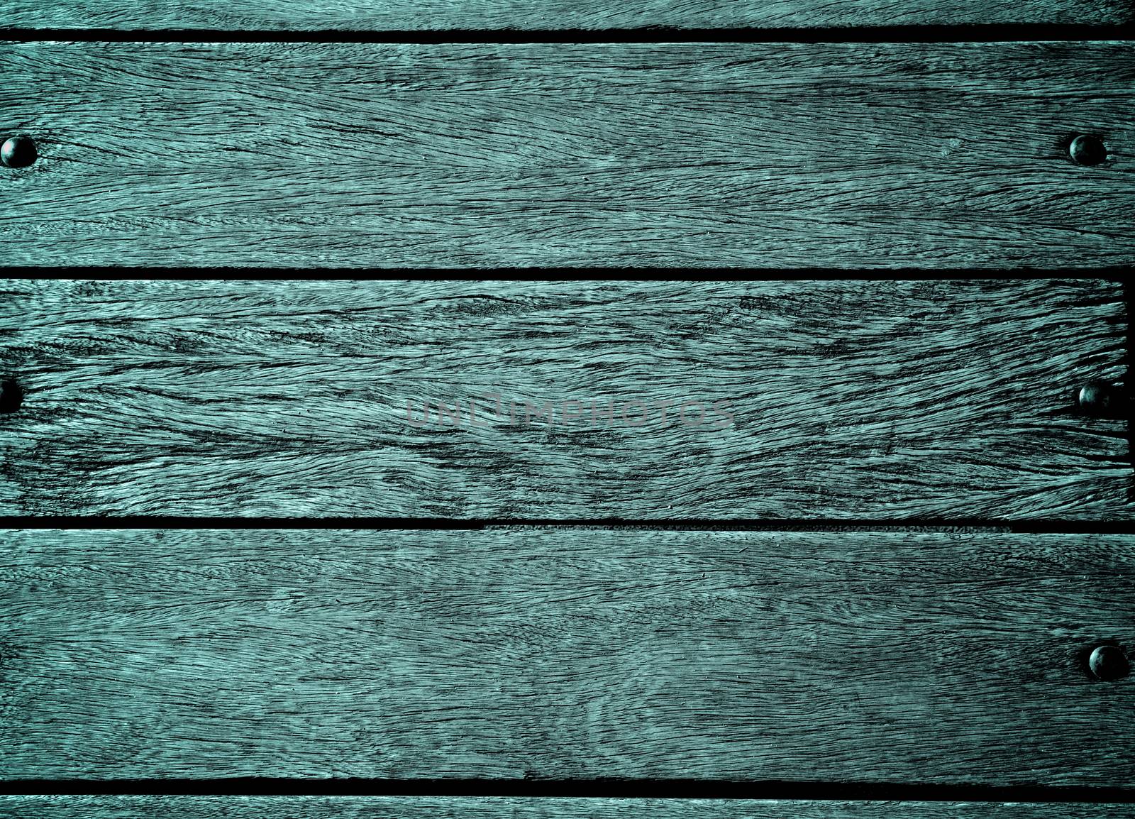 Background of Turquoise Old Wooden Deck Board with Nail Heads closeup. Horizontal View