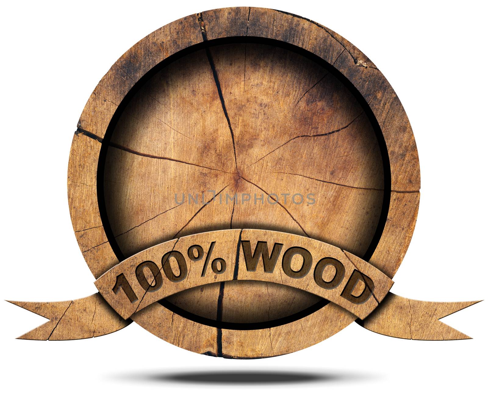 Wooden icon with wooden ribbon and text, 100% (percent) wood. Isolated on white background