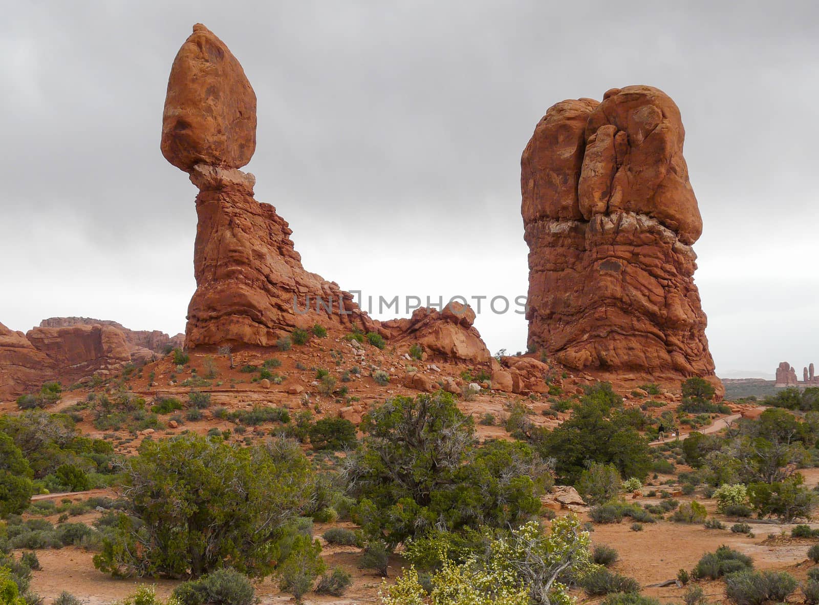 Sandstone shapes with Balanced Rock in Arches National Park