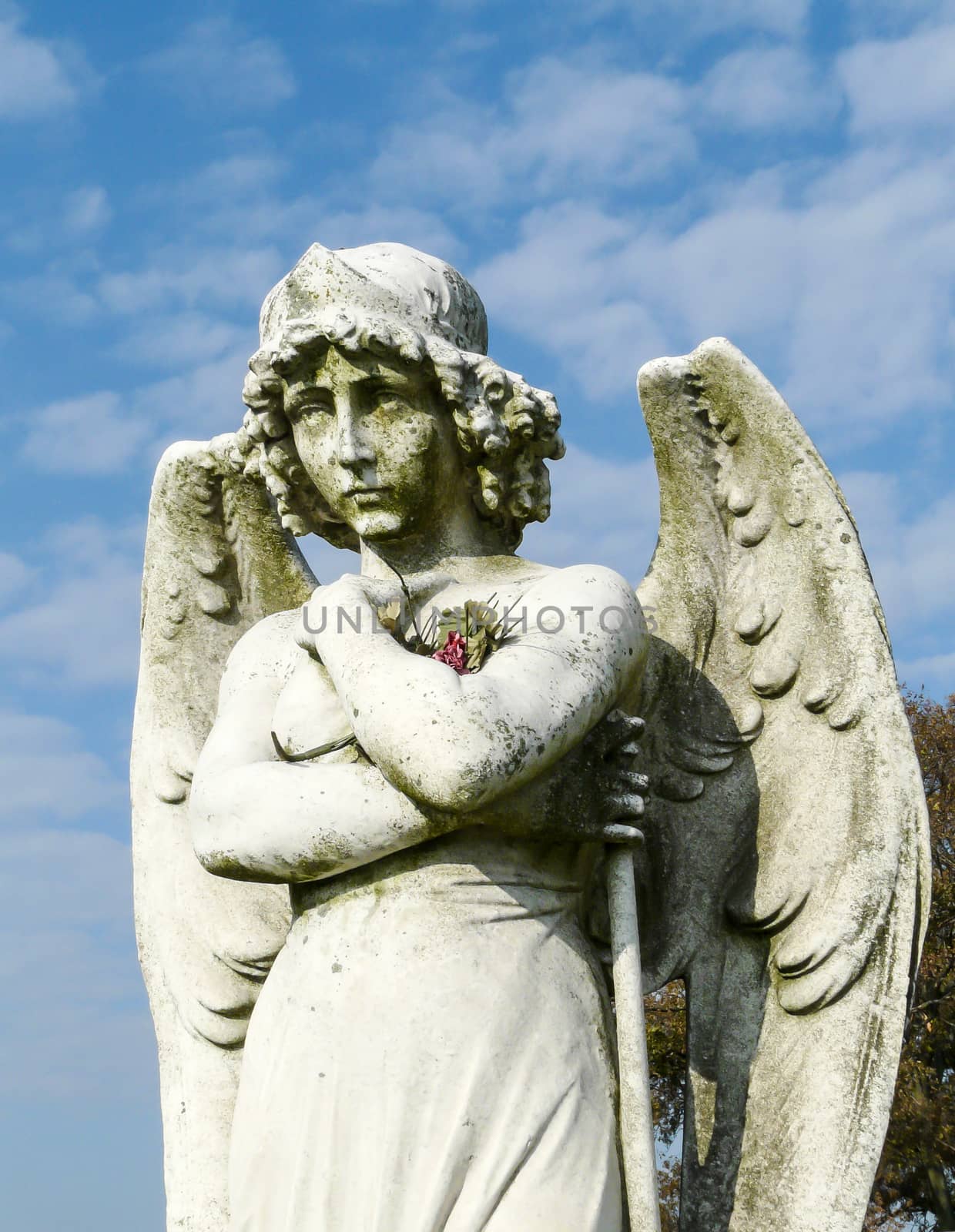 Beautiful, thoughtful angel with flowers