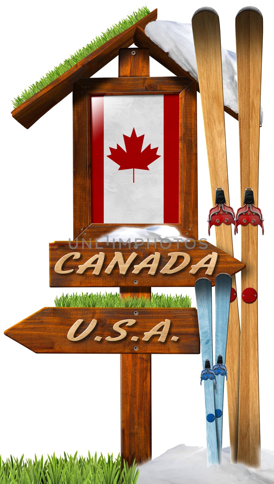 Wooden directional signal with text Usa and Canada, Canadian flag and skis. Concept of winter vacations in Canada