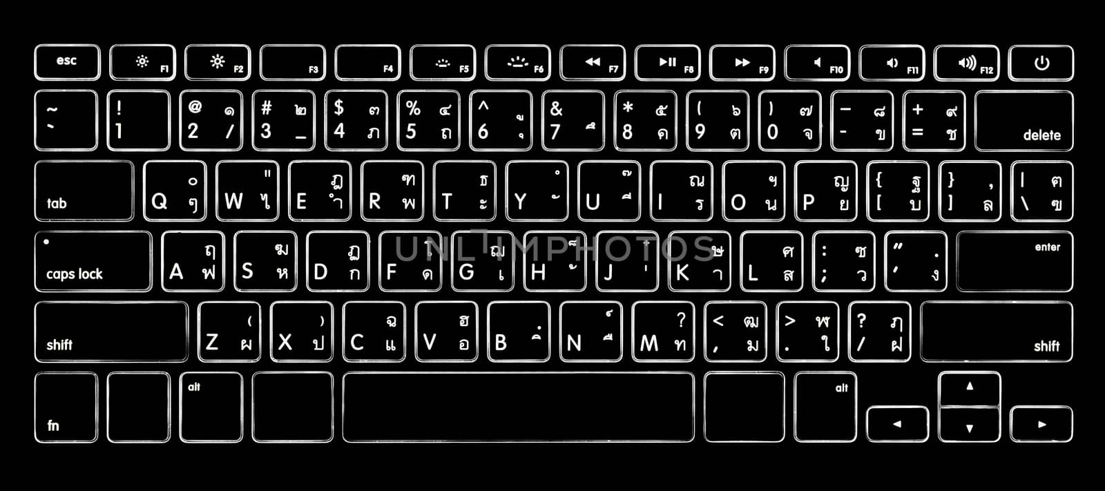 computer thai alphabet keyboard with illuminated backlight. by papound