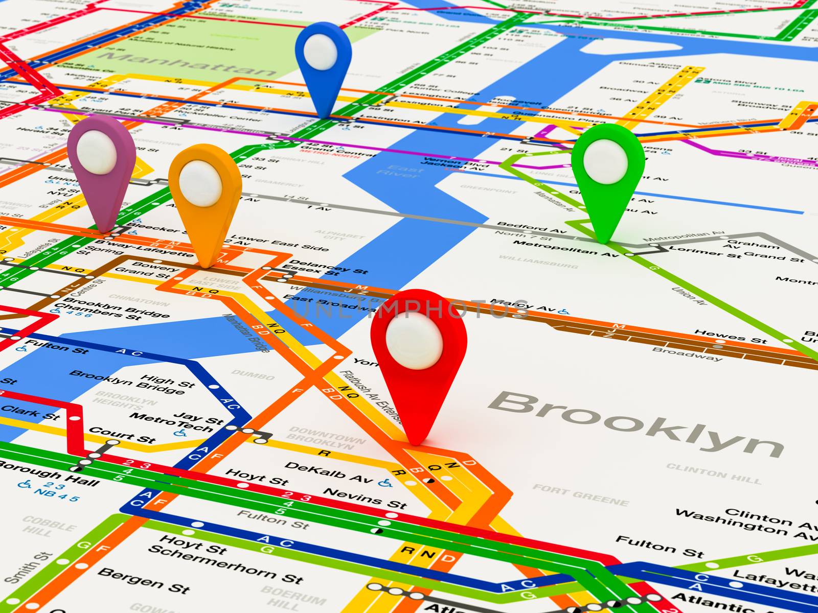 New York navigation subway map with colored pin