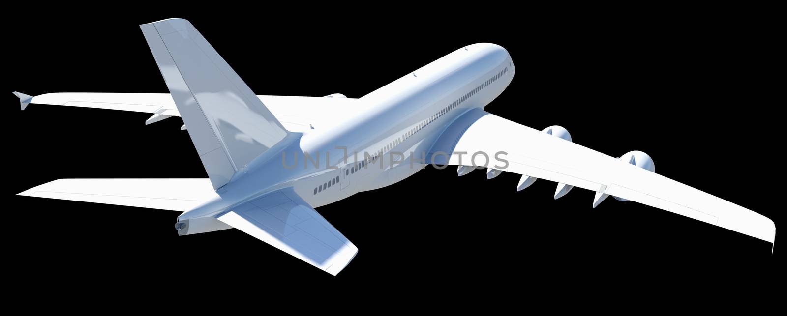 White modern airplane. Isolated on black background