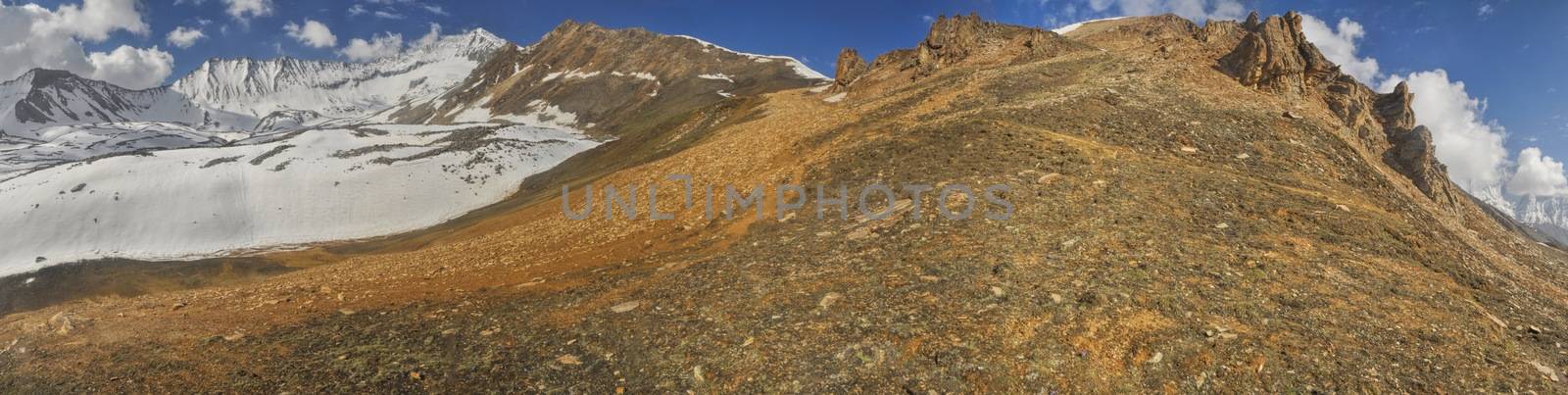 Scenic panorama with mountain guides in Dolpo region in Himalayas, Nepal