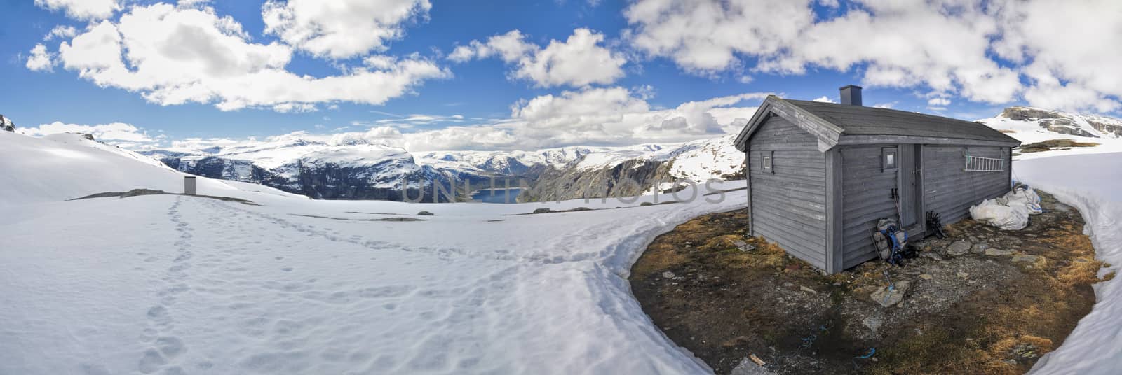 Scenic panorama of snowy landscape near Trolltunga in Norway