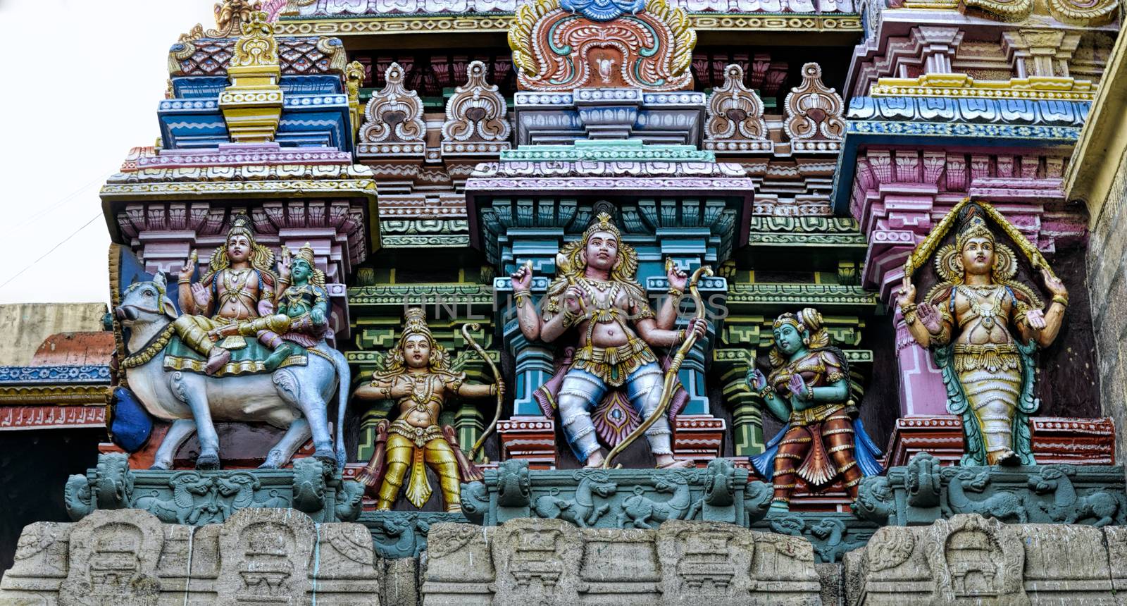 Detail of colorful tower of Meenakshi Amman Temple in India