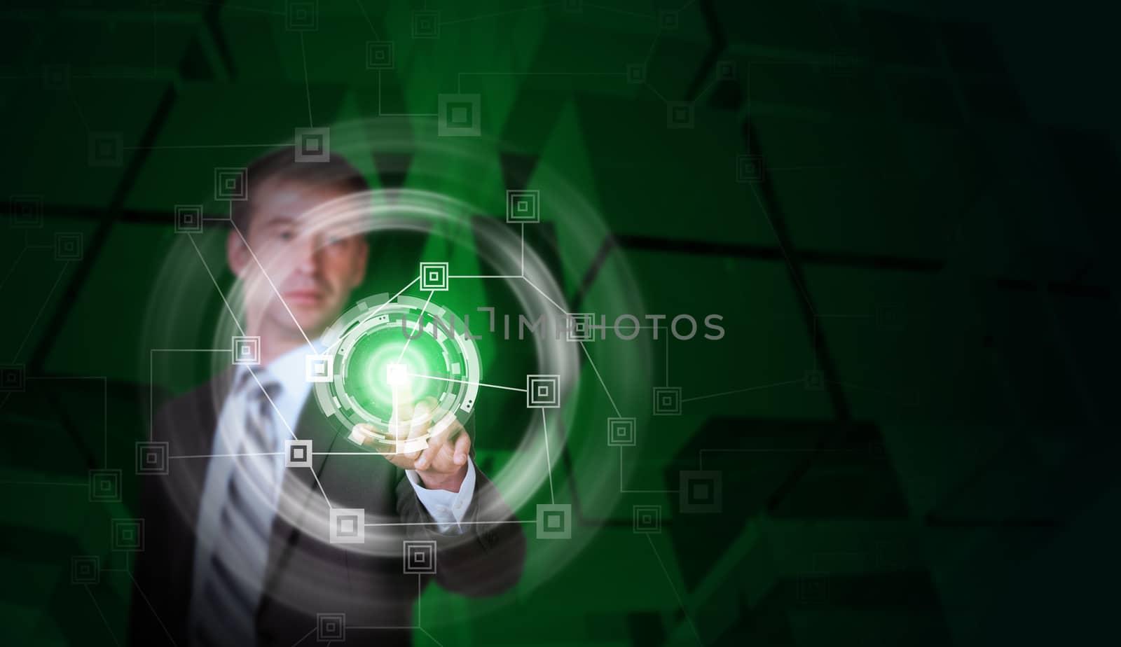 Businessman in suit finger presses virtual button. Glass cube as backdrop