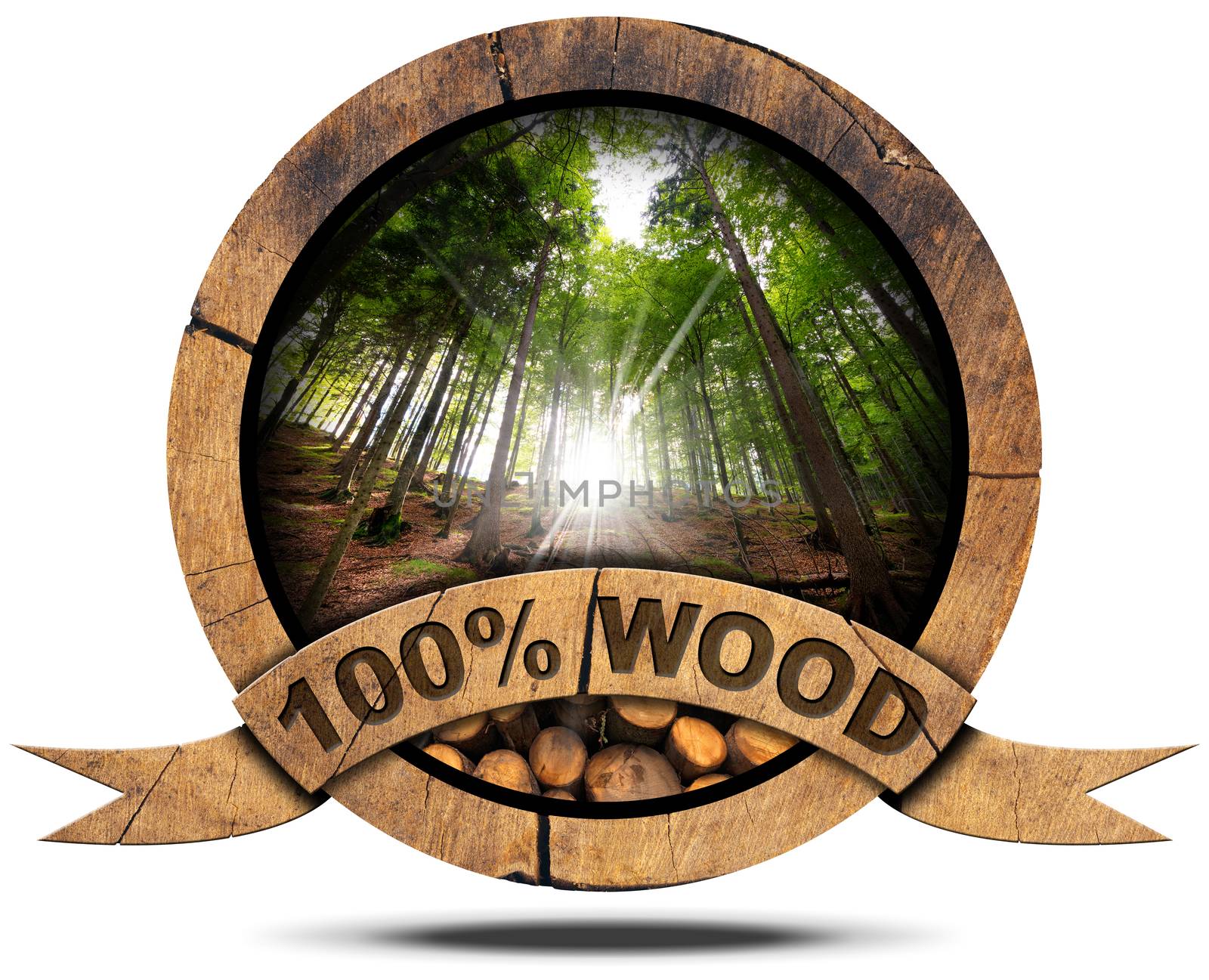 Wooden icon with trunks of trees cut and green forest with sun rays, wooden ribbon and text, 100% (percent) wood. Isolated on white background