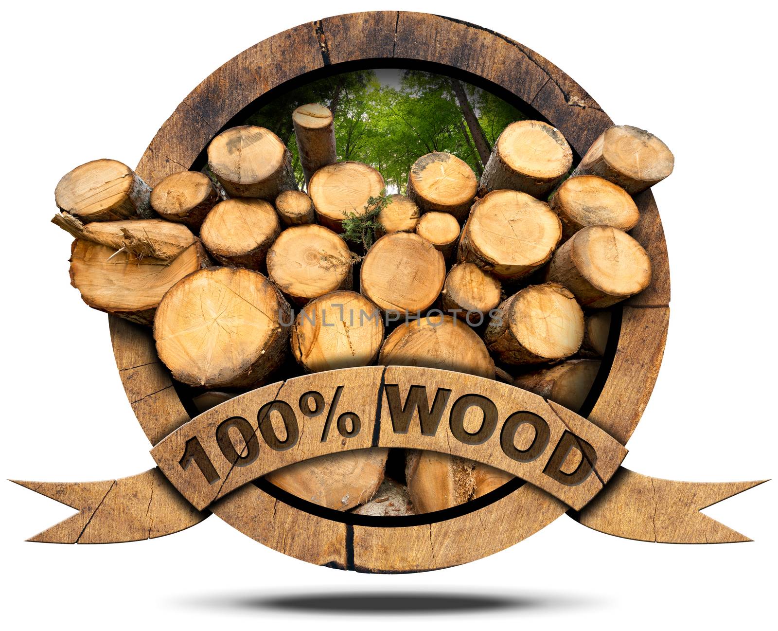 Wooden icon with trunks of trees cut and green forest, wooden ribbon and text, 100% (percent) wood. Isolated on white background