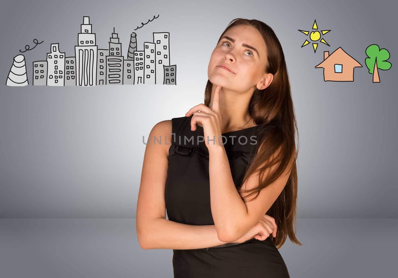 Woman making choice between city and country, on gray background