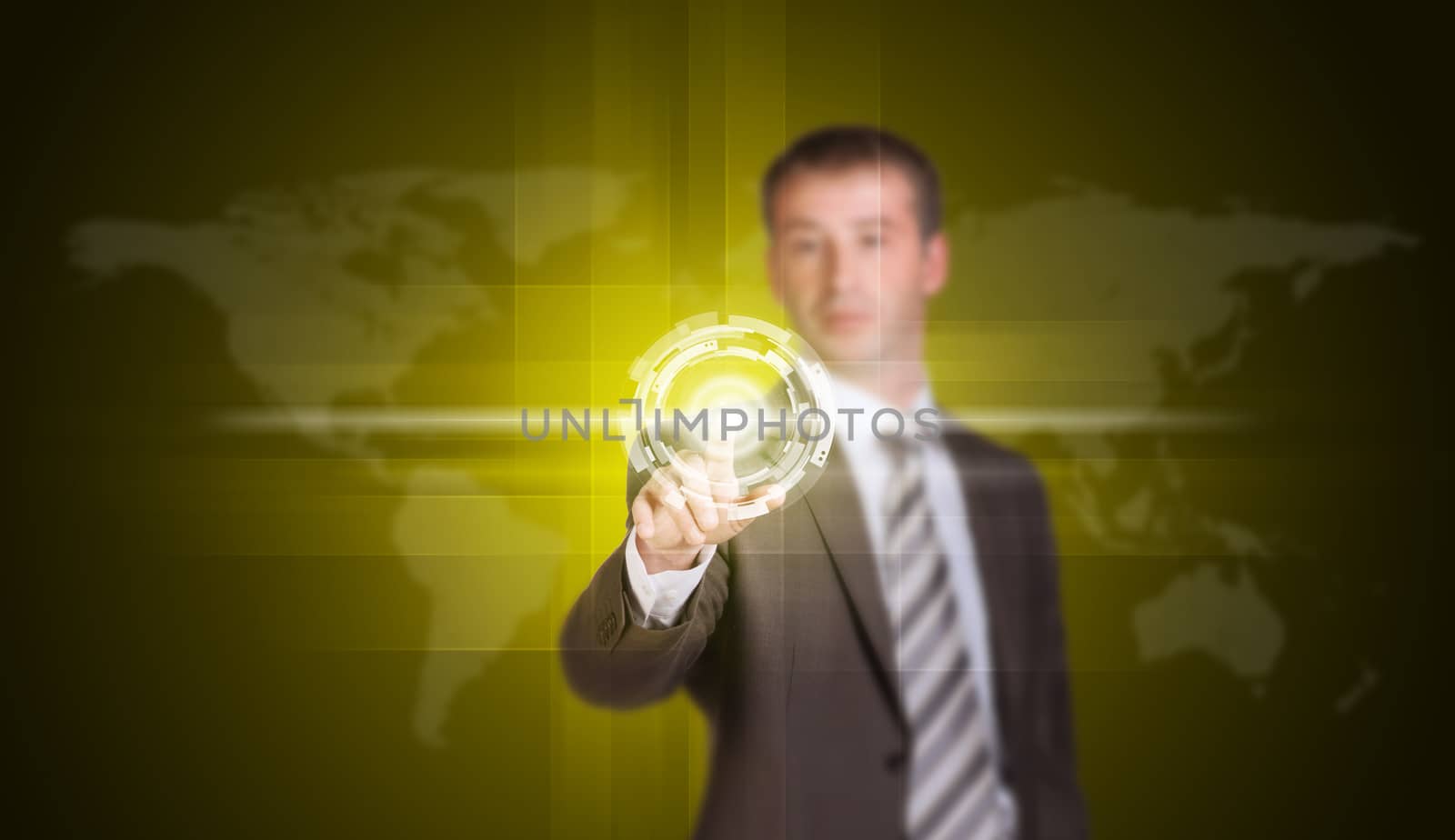Businessman in suit finger presses virtual button. World map and glow circles