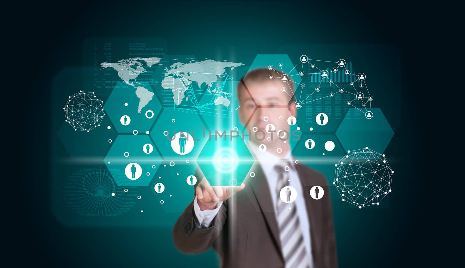 Businessman in suit finger presses virtual button. Hexagons, graphs and world map