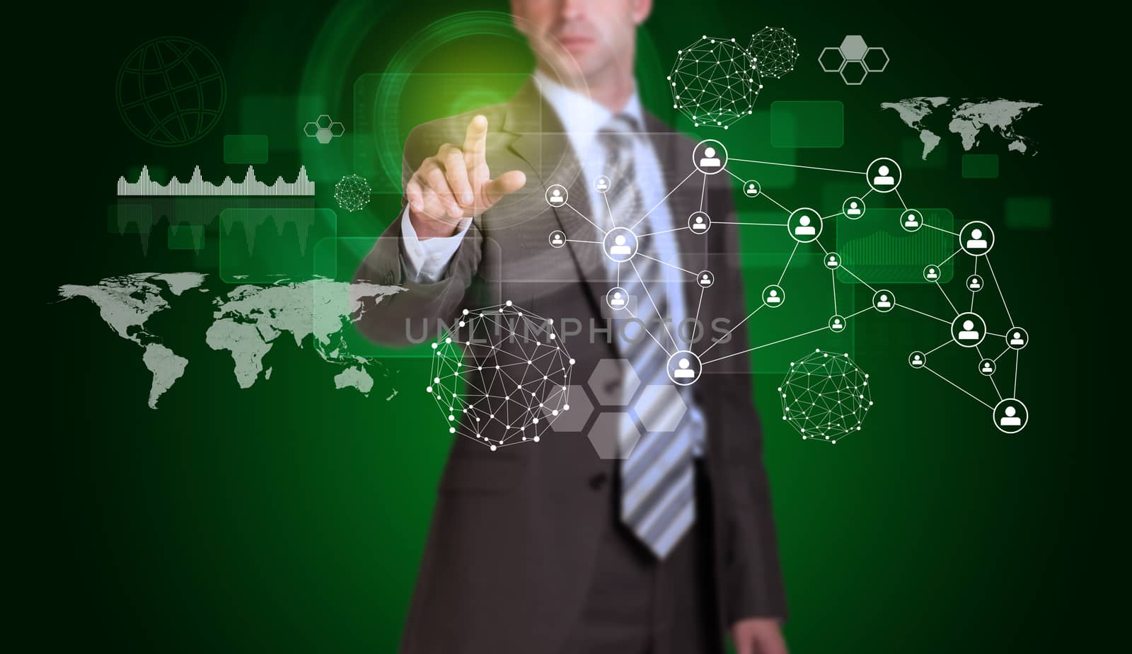 Businessman in suit finger presses virtual button. Hexagons, graphs and world map