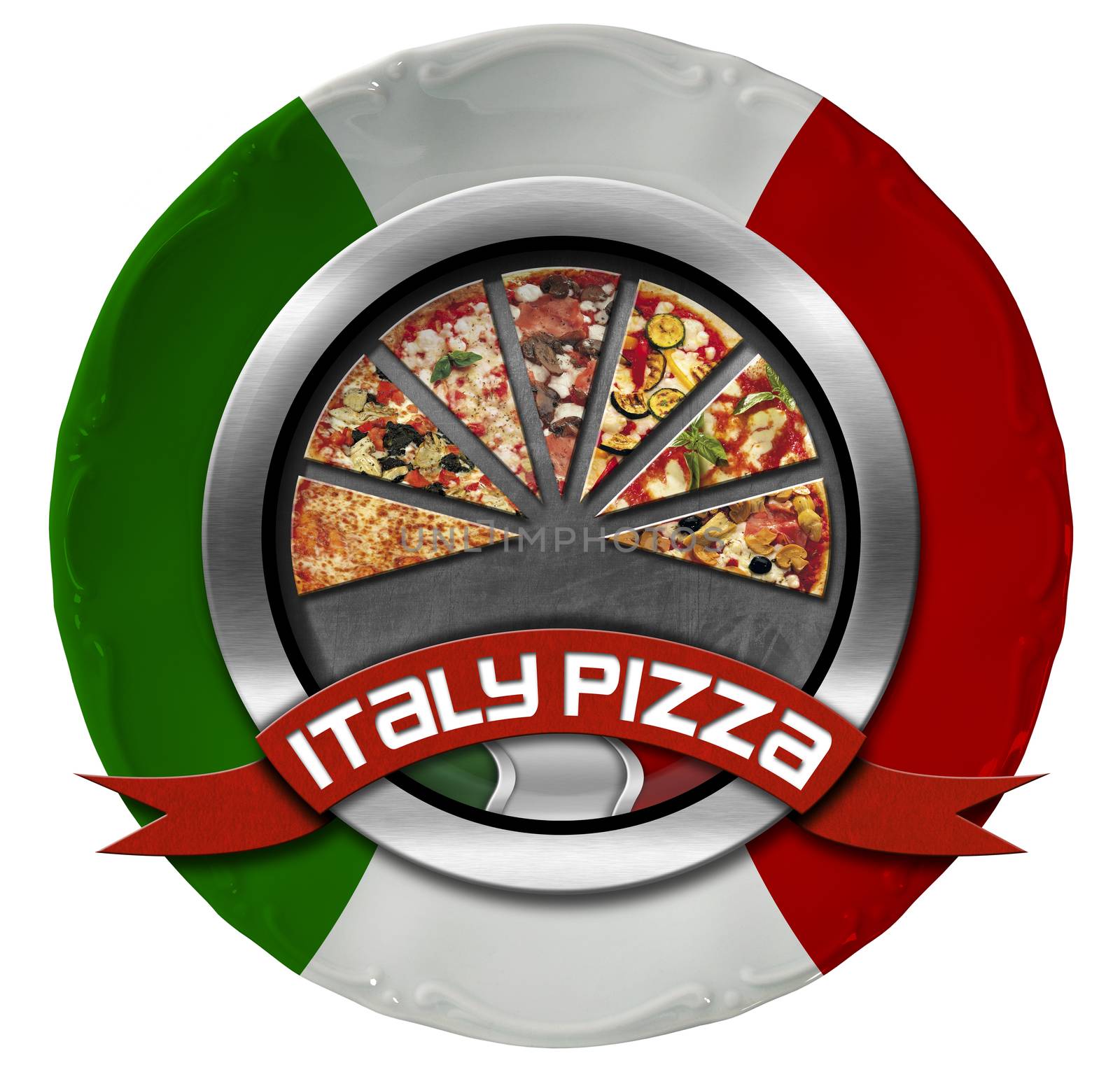 Metal icon or symbol with pizza slices on plate colored with the colors of Italian flag. Isolated on white background
