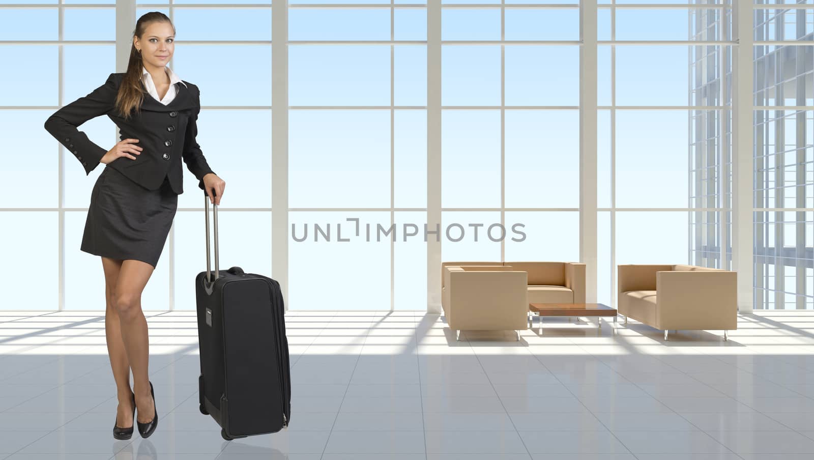 Businesswoman with travel bag in vast interior by cherezoff