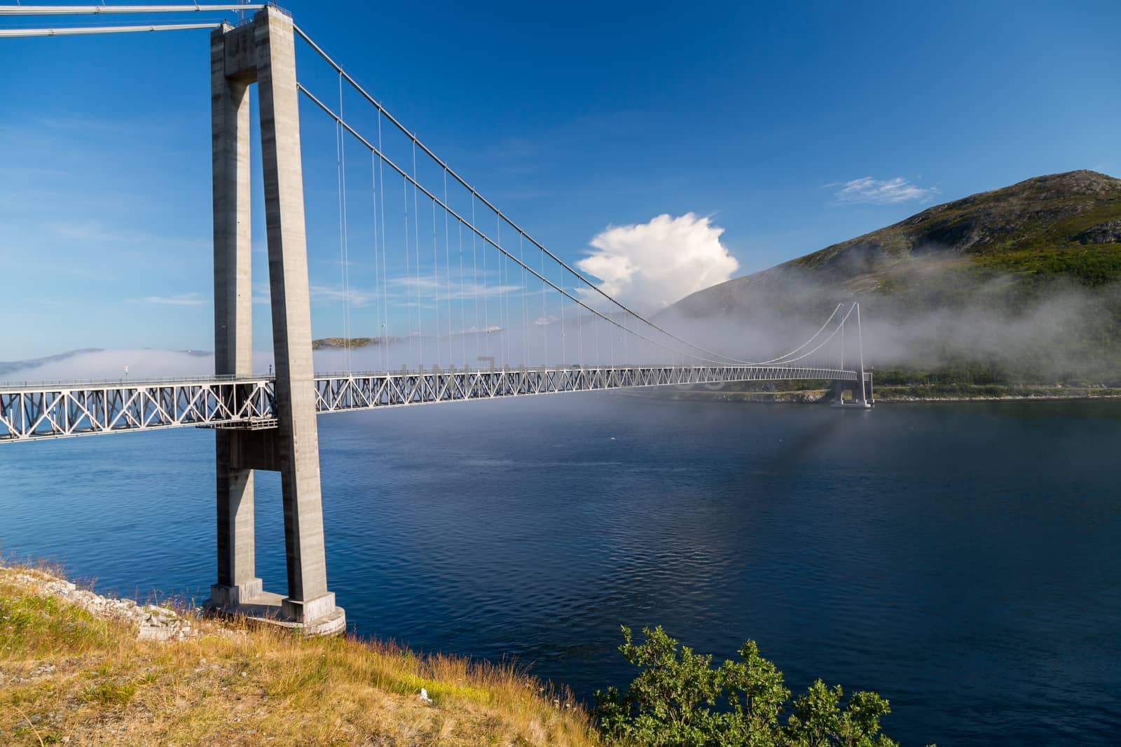 A picture of a hanging bridge in kvalsund, norway