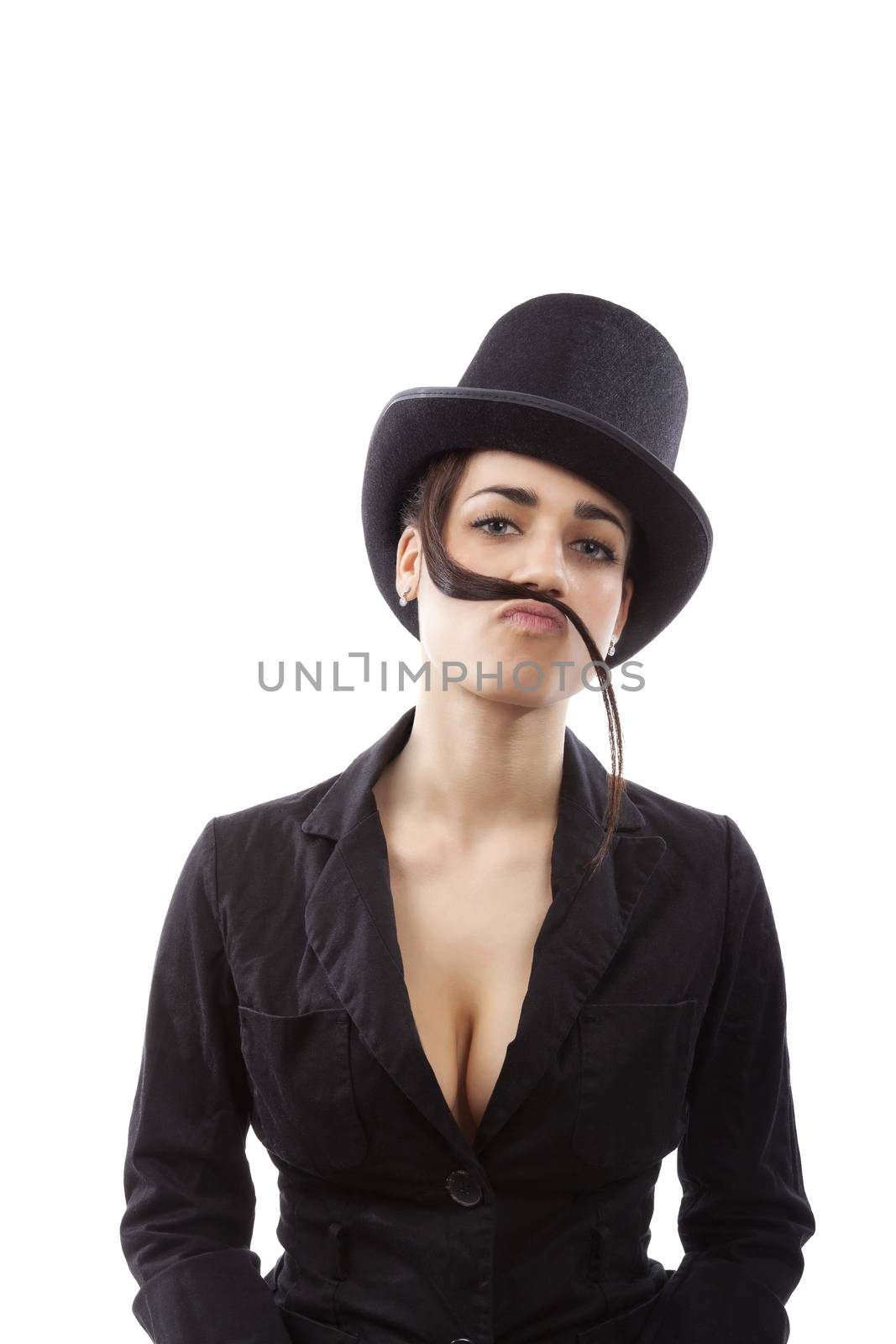 Beautiful young girl with cylinder hat and black dress with mustache from hair. Female discrimination in workplace.