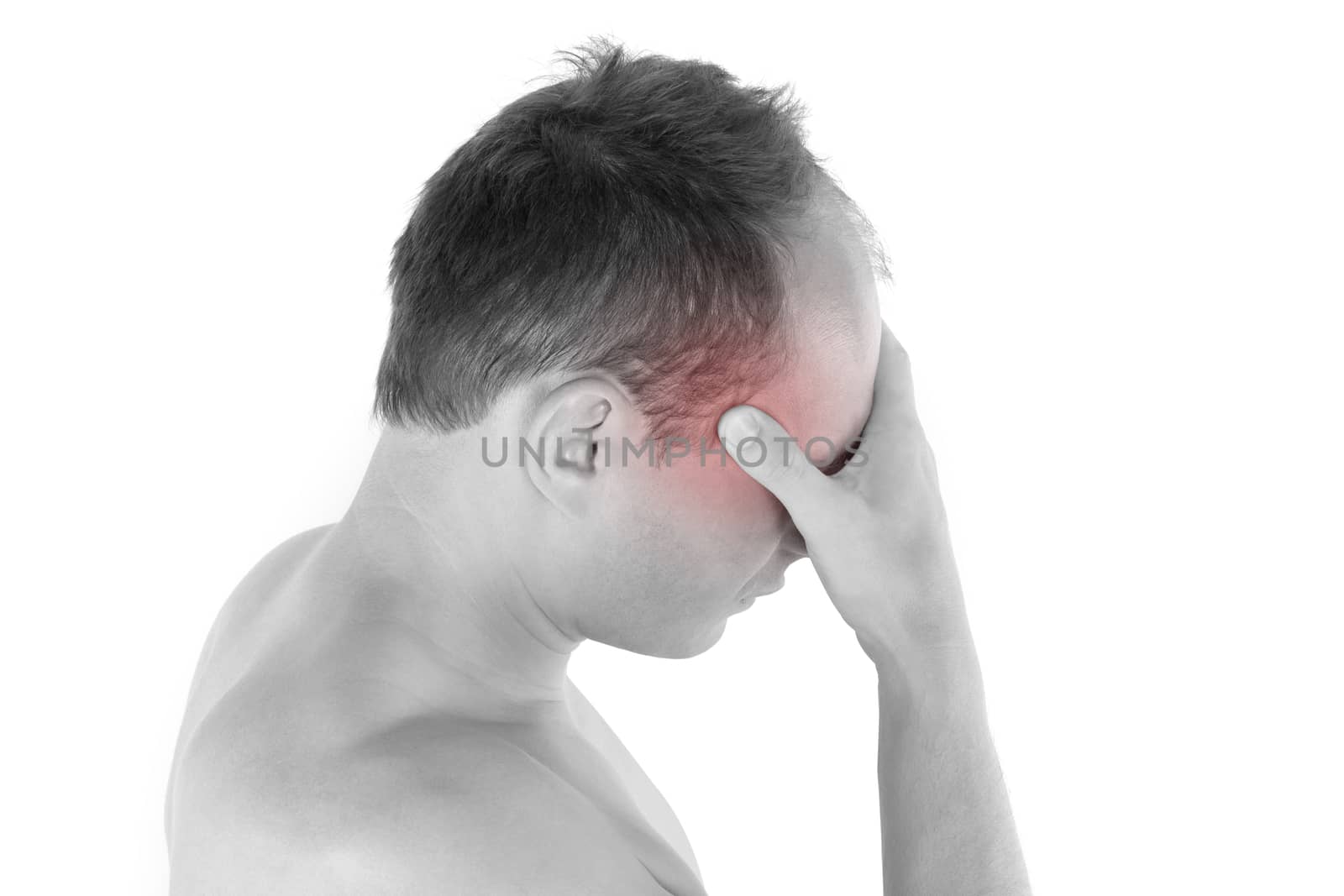 Headache. Young man touching his head with highlighted pain area isolated on white background. Headache and migraine concept. 