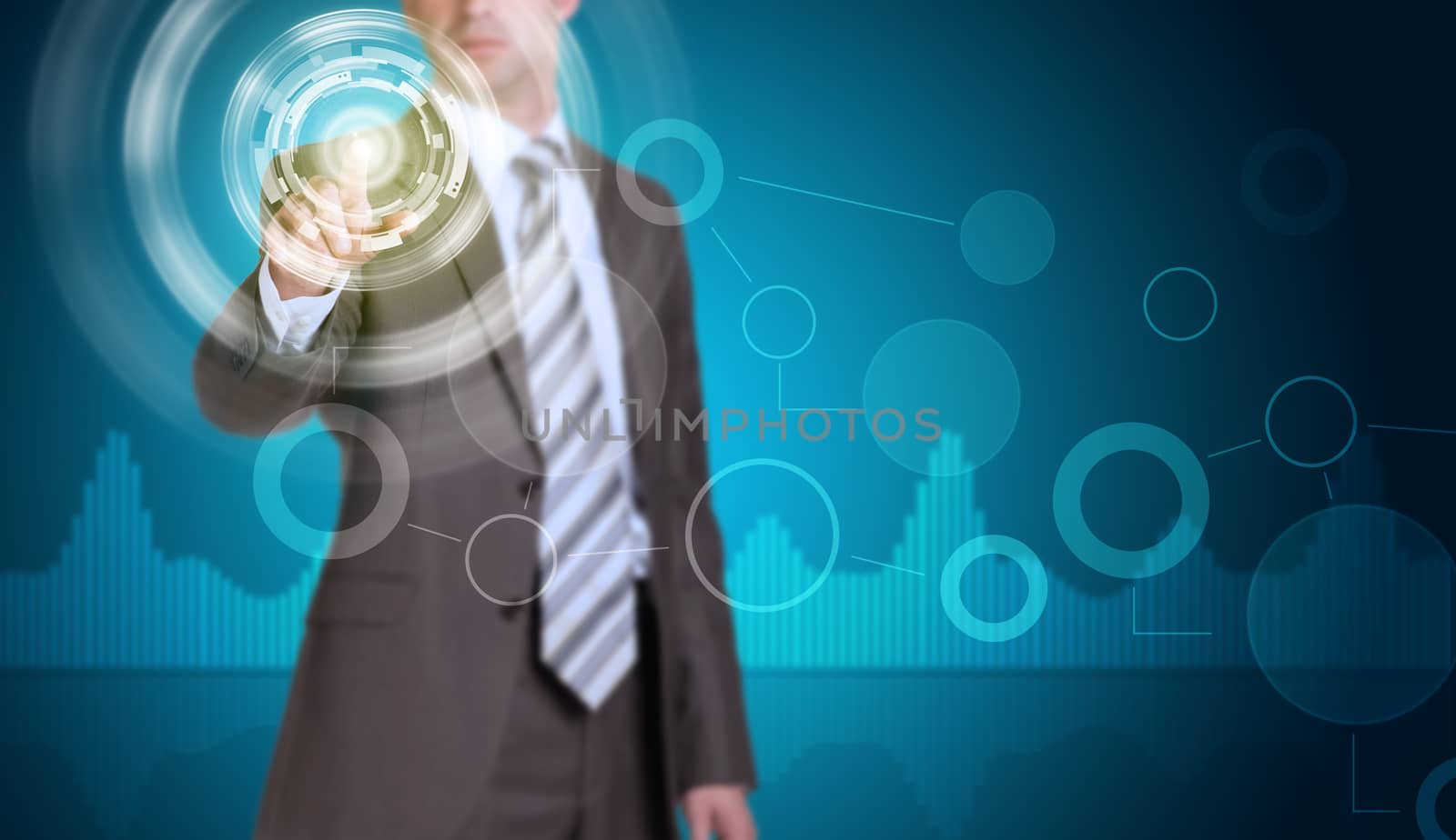 Businessman in suit finger presses virtual button. Glow circles and graphs