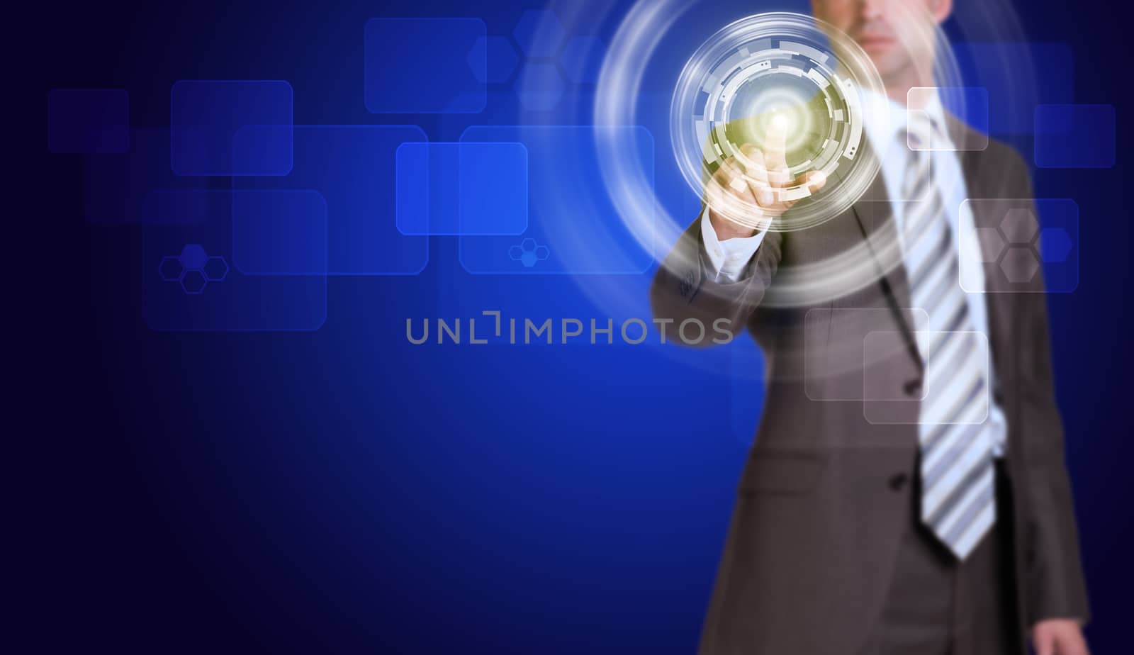 Businessman in suit finger presses virtual button. Rectangles on blue gradient background