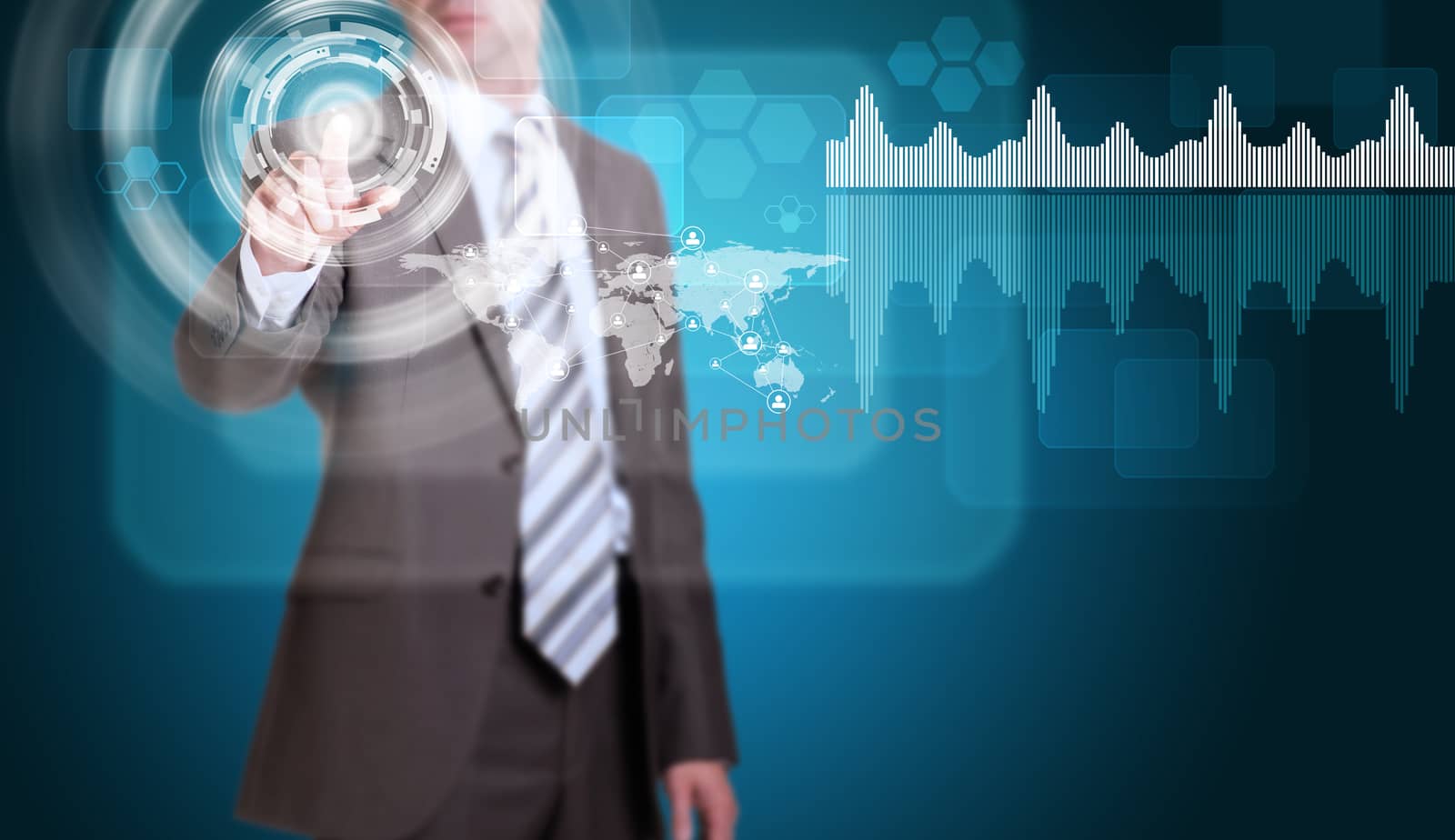 Businessman in suit finger presses virtual button. Network, circles and world map