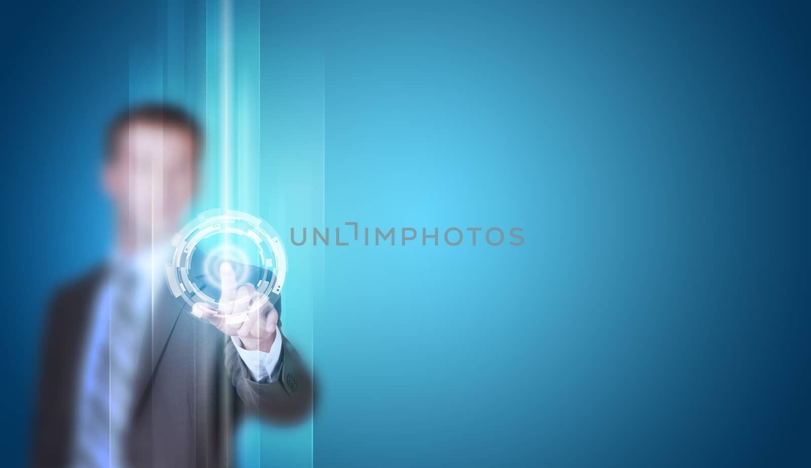 Businessman in suit finger presses virtual button. Blue gradient background