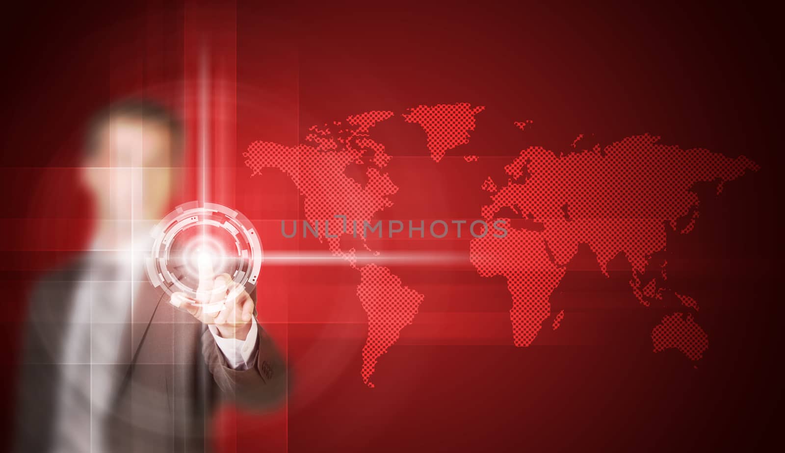 Businessman in suit finger presses virtual button by cherezoff