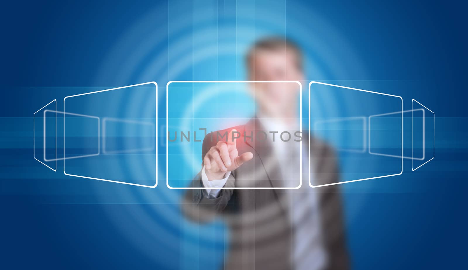 Businessman in suit finger presses virtual button. Glow circles and blue rectangles