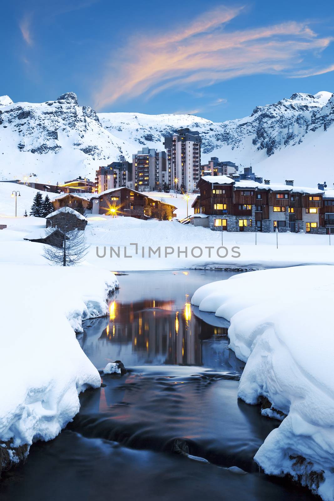 Evening landscape and ski resort in French Alps,Tignes, France 