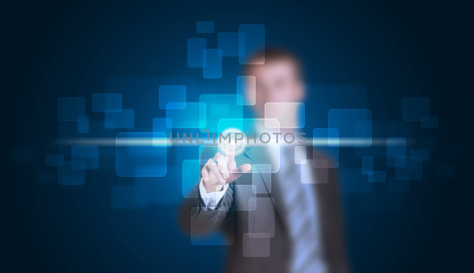 Businessman in suit finger presses virtual button. Blue rectangles as backdrop