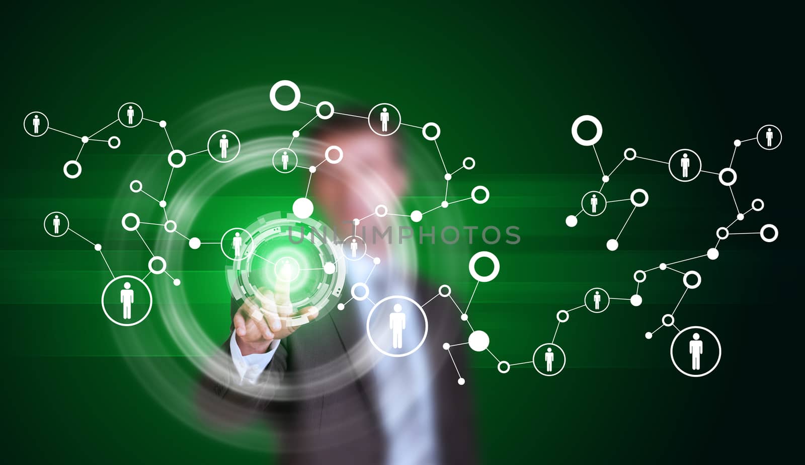 Businessman in suit finger presses virtual button. Network with icons and glow circles
