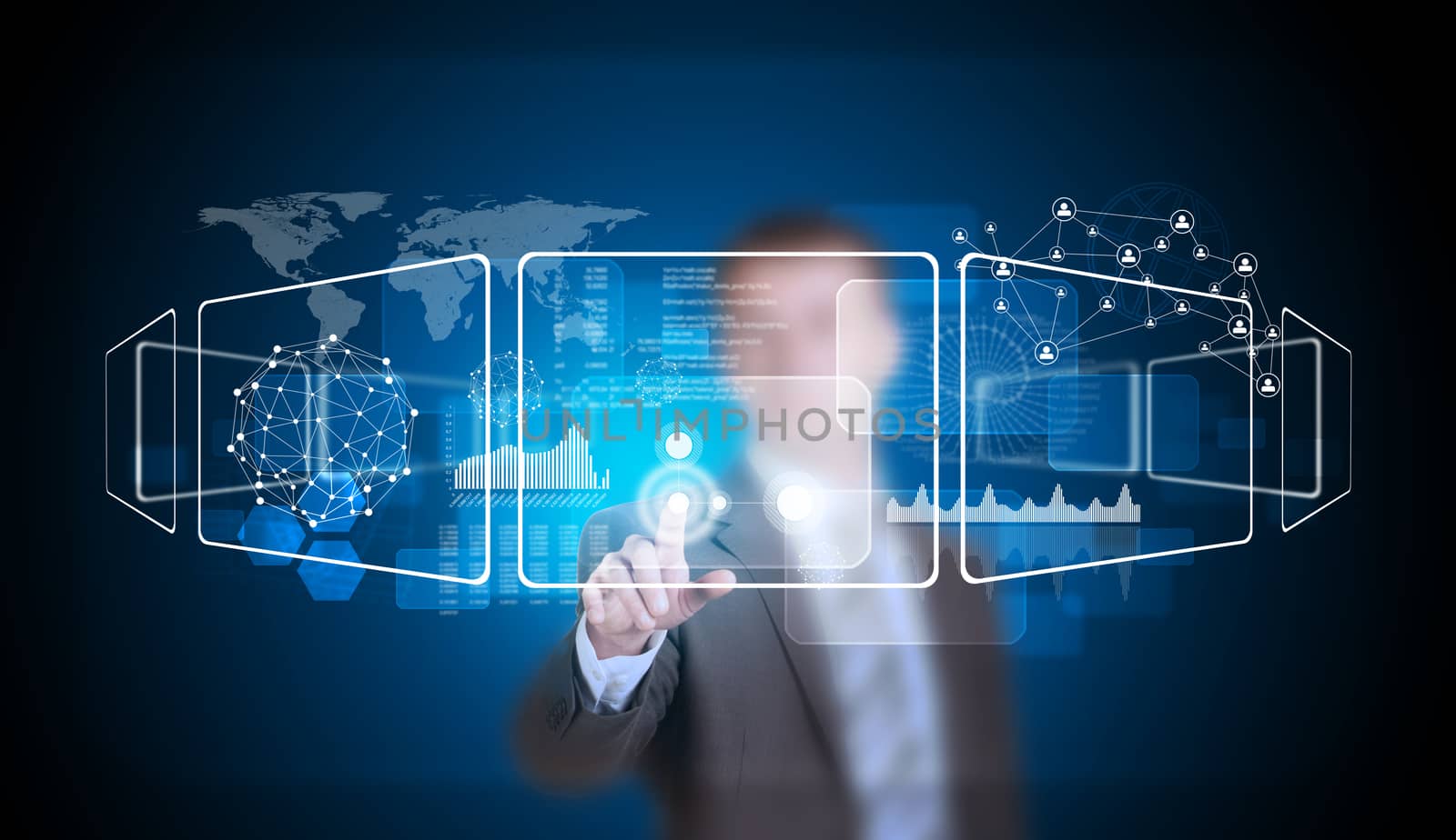 Businessman in suit finger presses virtual button. Rectangles, world map and network