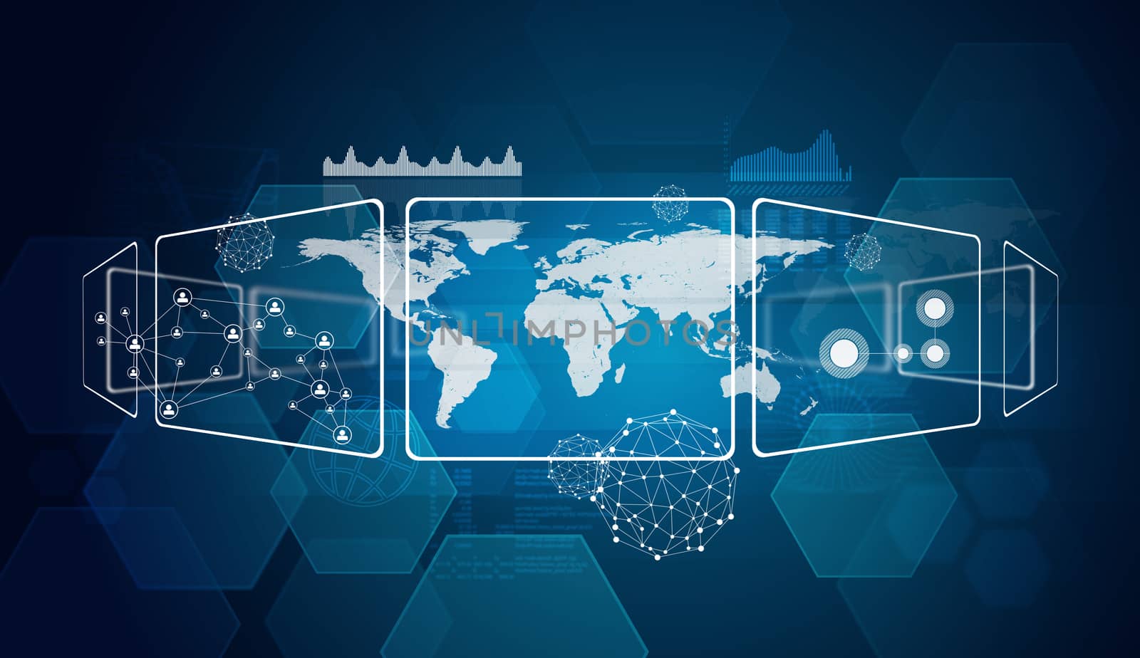 Rectangles, world map and network. The technology concept