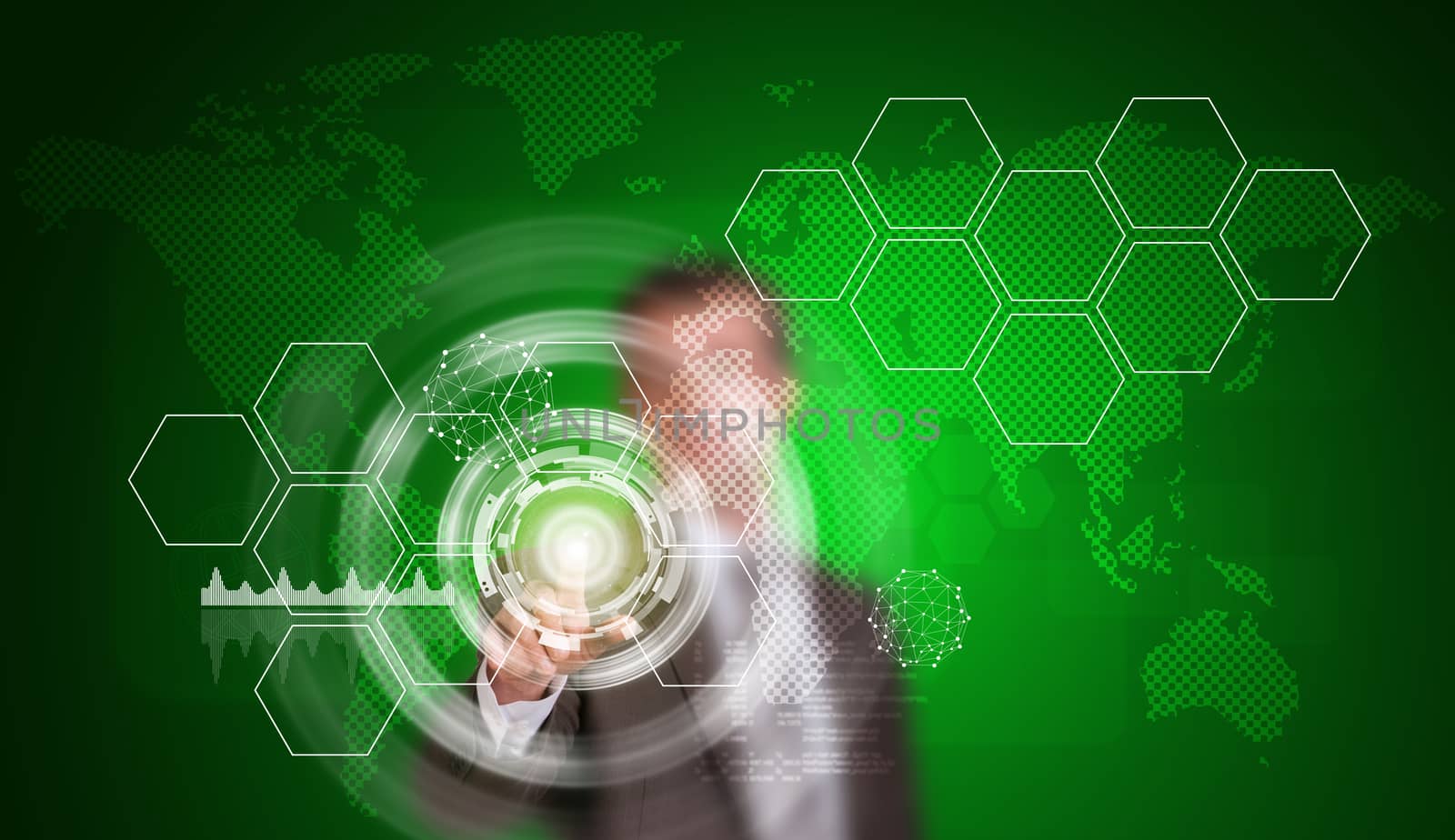 Businessman in suit finger presses virtual button. Glow circles, hexagons and world map