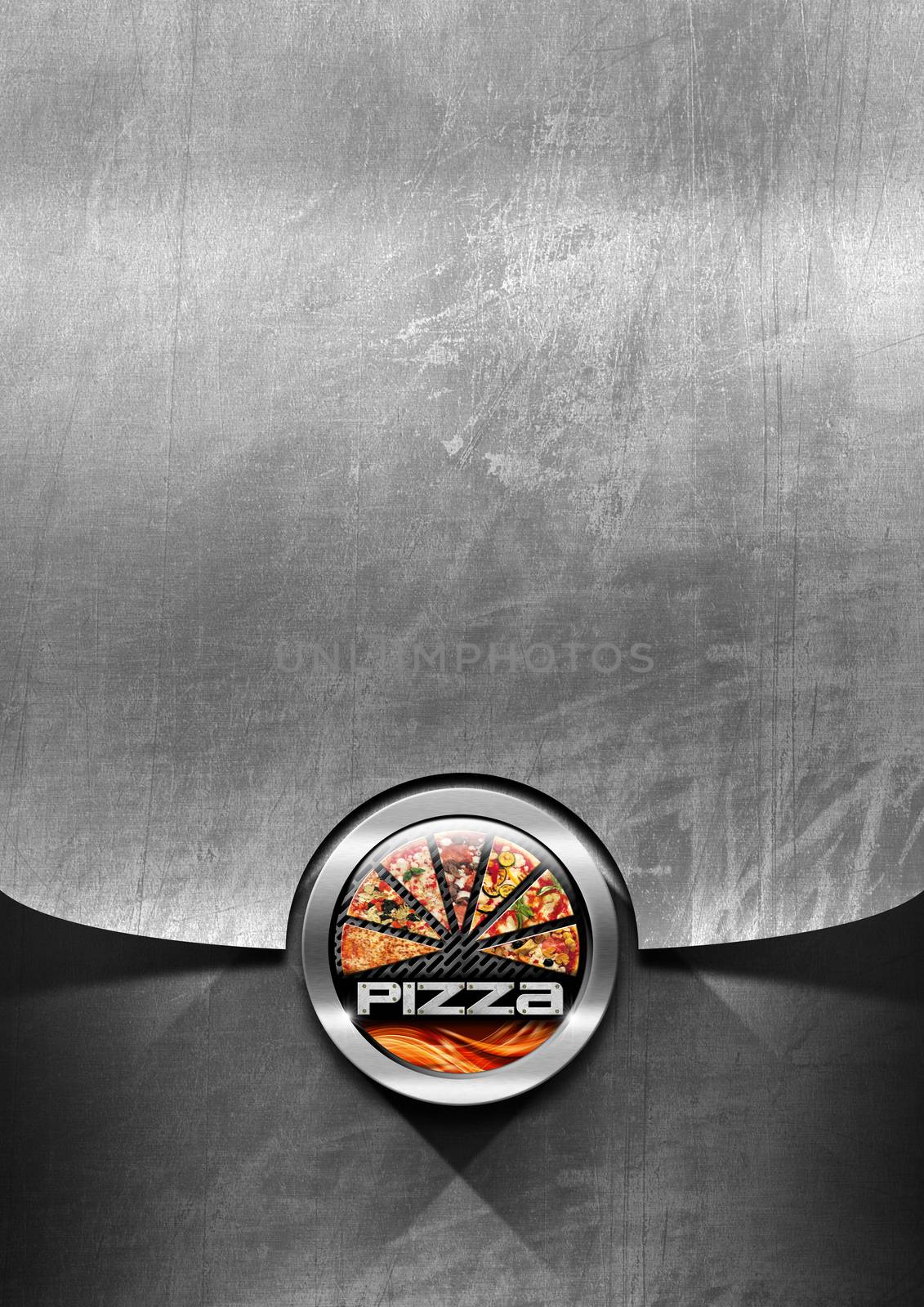 Pizza menu design with metallic round pizza symbol with flames on steel brushed background