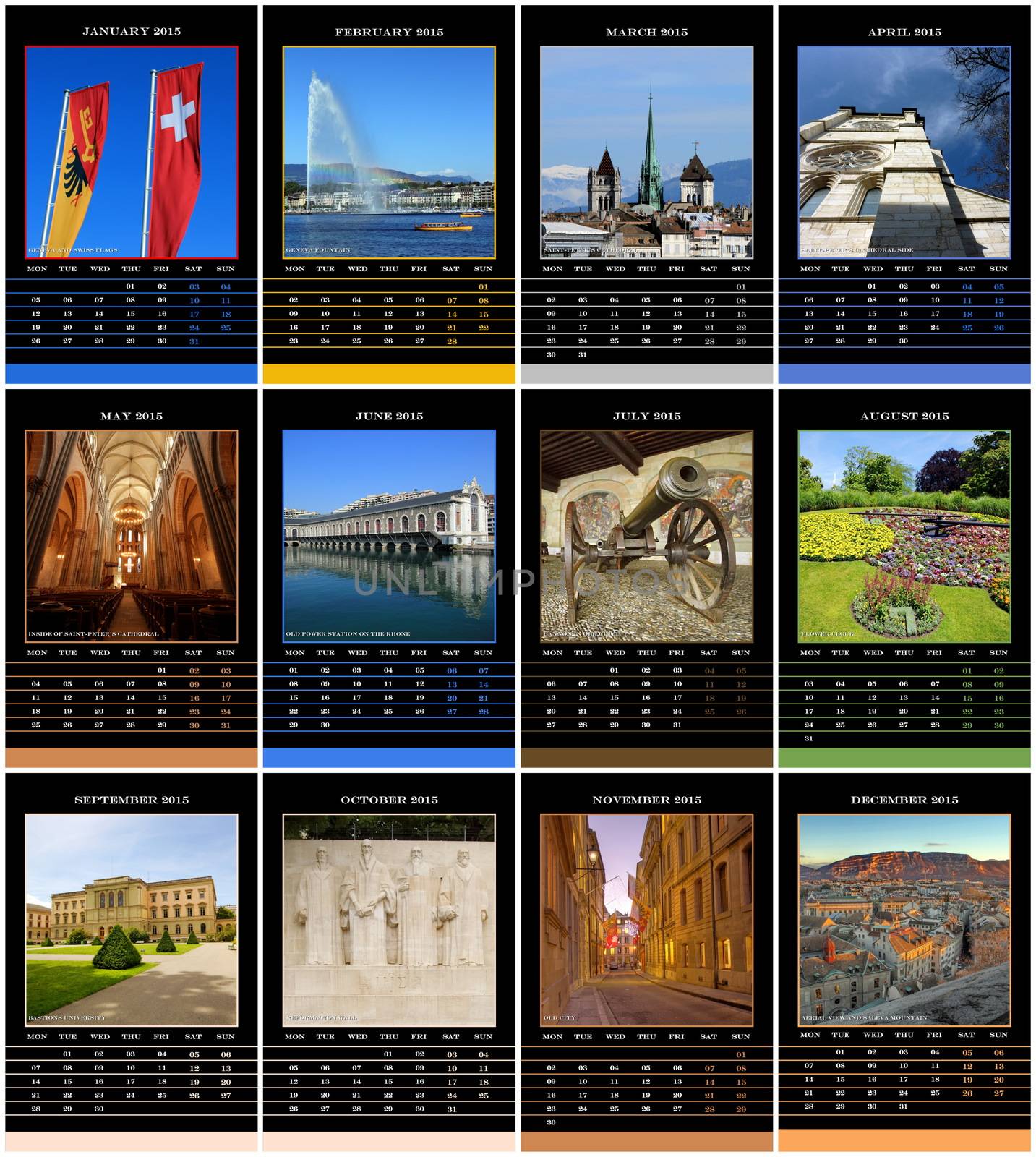 European 2015 year calendar with week starting from monday for Geneva, Switzerland