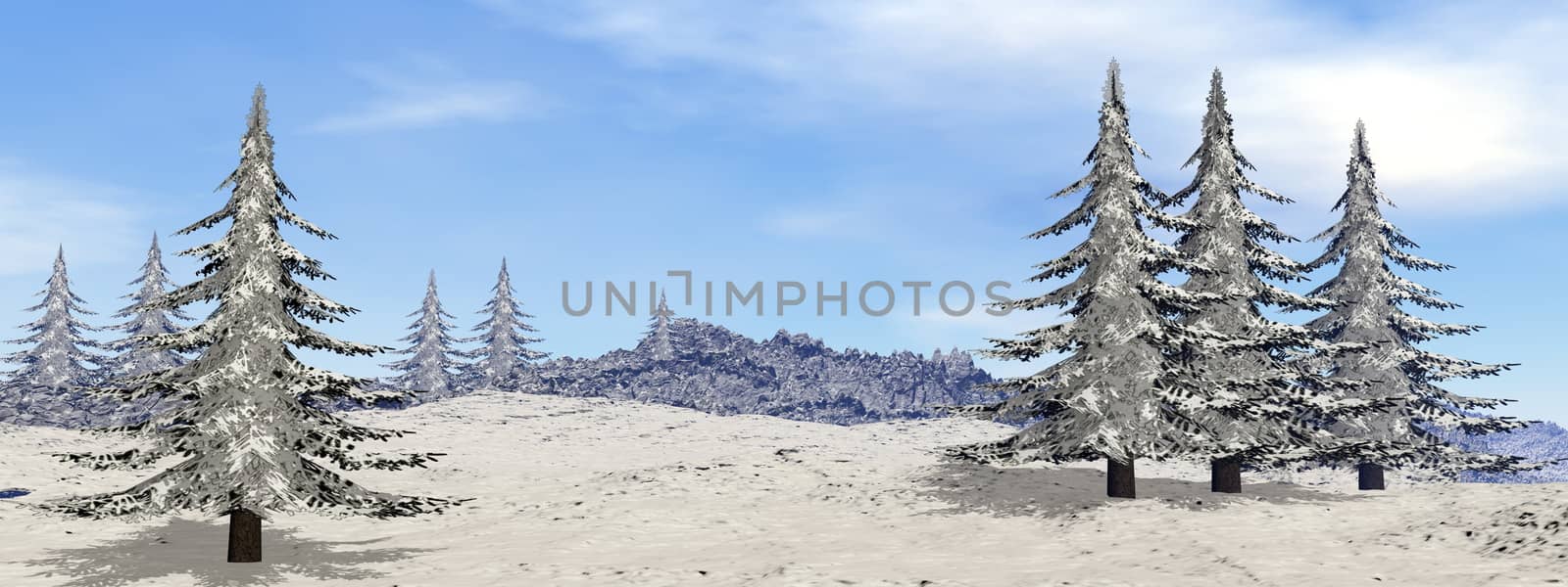 Mountain with fir trees by winter - 3D render