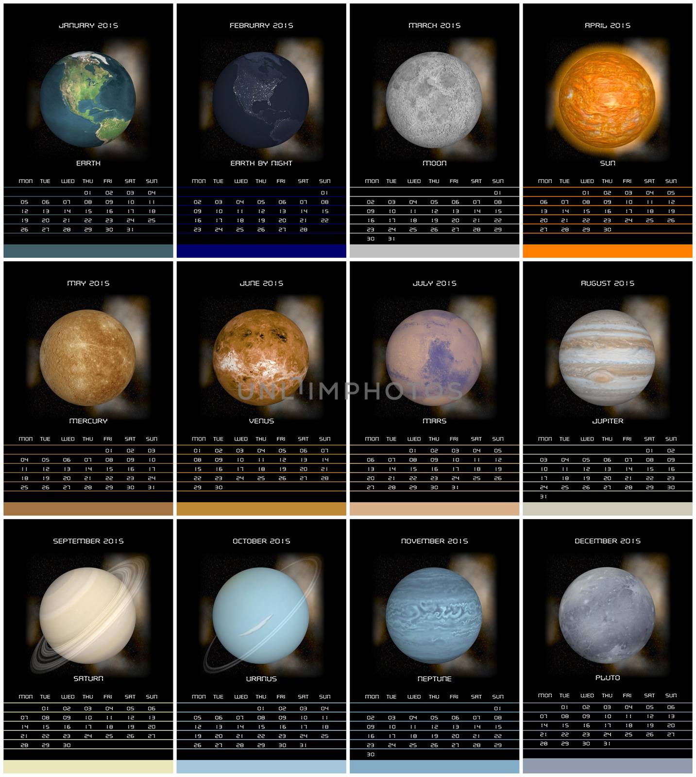European 2015 year calendar with week starting from monday and solar system planets