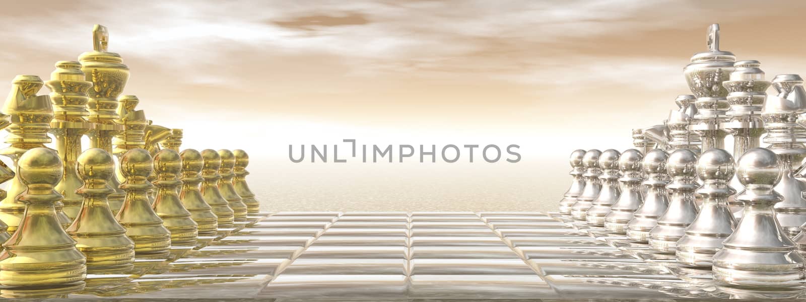 Chessboard with golden and silver pieces and brown sky - 3D render