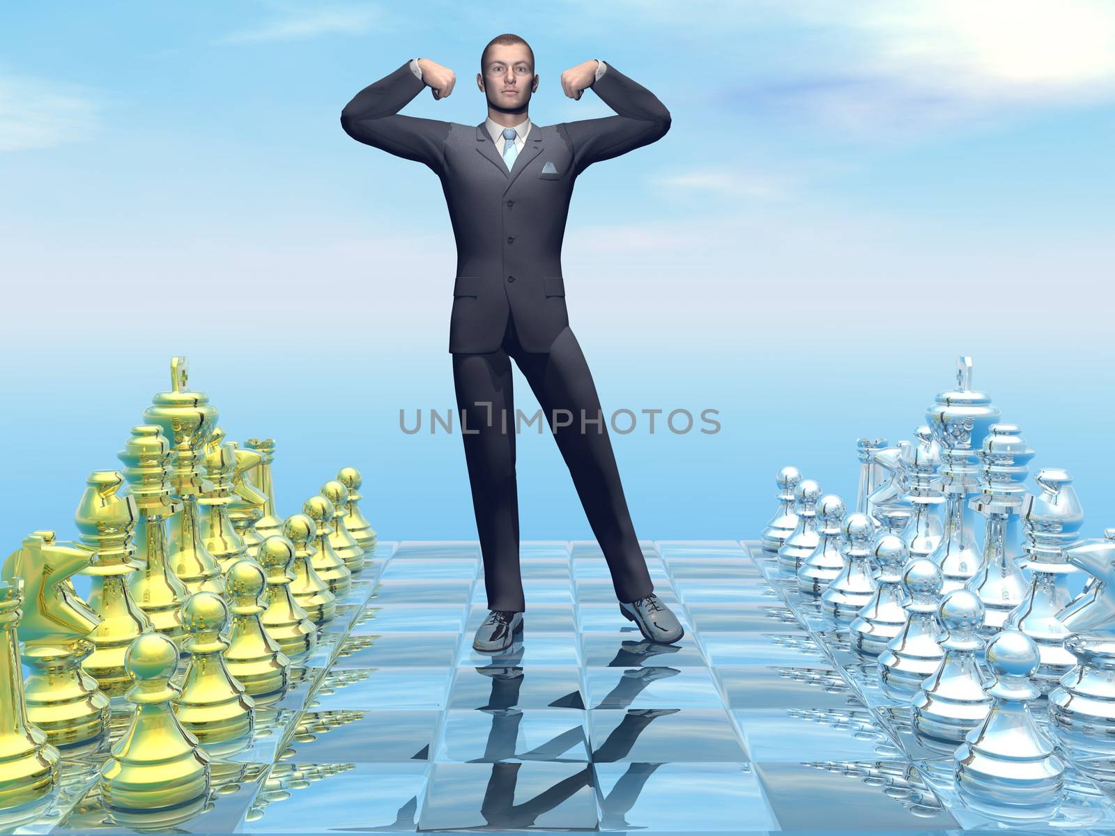 Businessman holding hands up as a winner on chessboard - 3D render