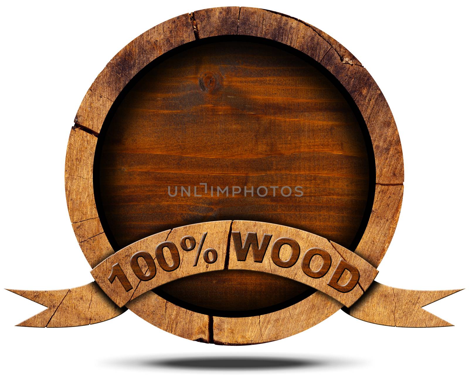 Wooden icon with wooden ribbon and text, 100% (percent) wood. Isolated on white background